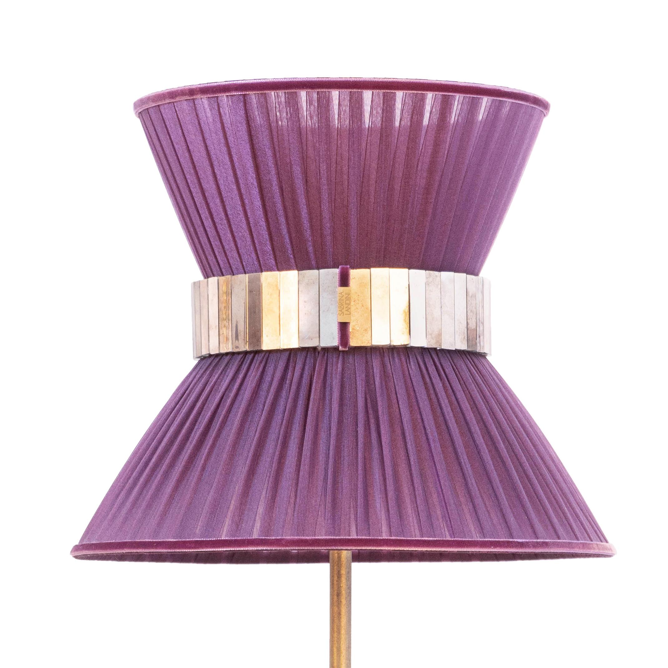  “Tiffany” contemporary Table Lamp 30 purple Silk, Antiqued Brass, Silvered Glas In New Condition For Sale In Pietrasanta, IT
