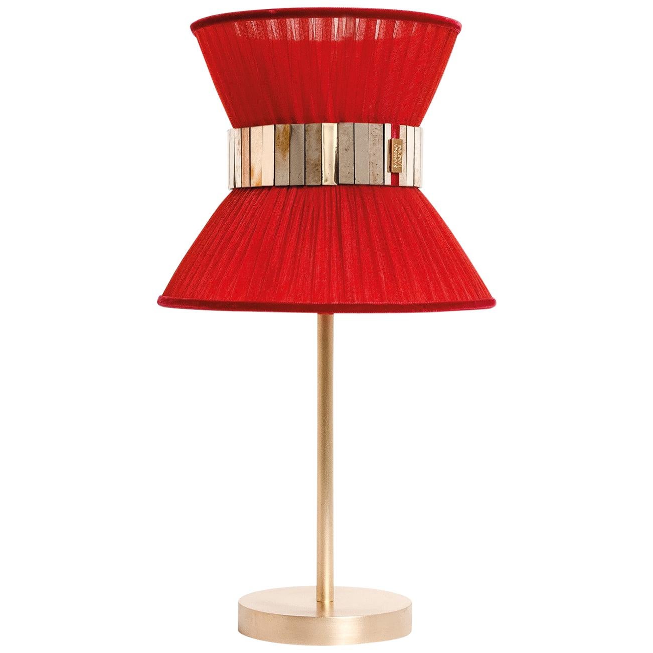 Lampe de bureau contemporaine Tiffany 23 rouge rouille soie, verre argenté, laiton