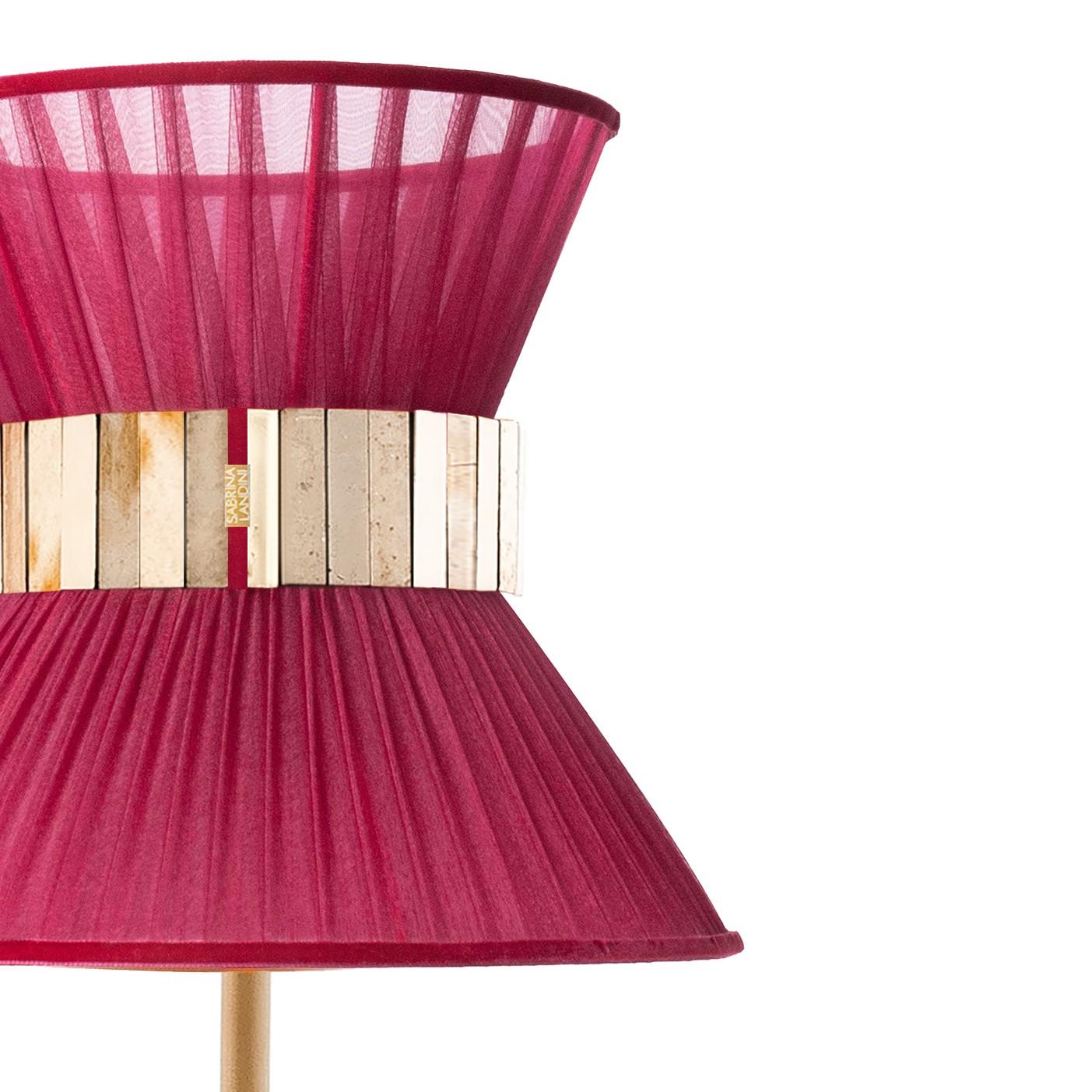 Modern “Tiffany” contemporary Table Lamp 23 Ruby Silk, Antique Brass, Silvered Glas For Sale