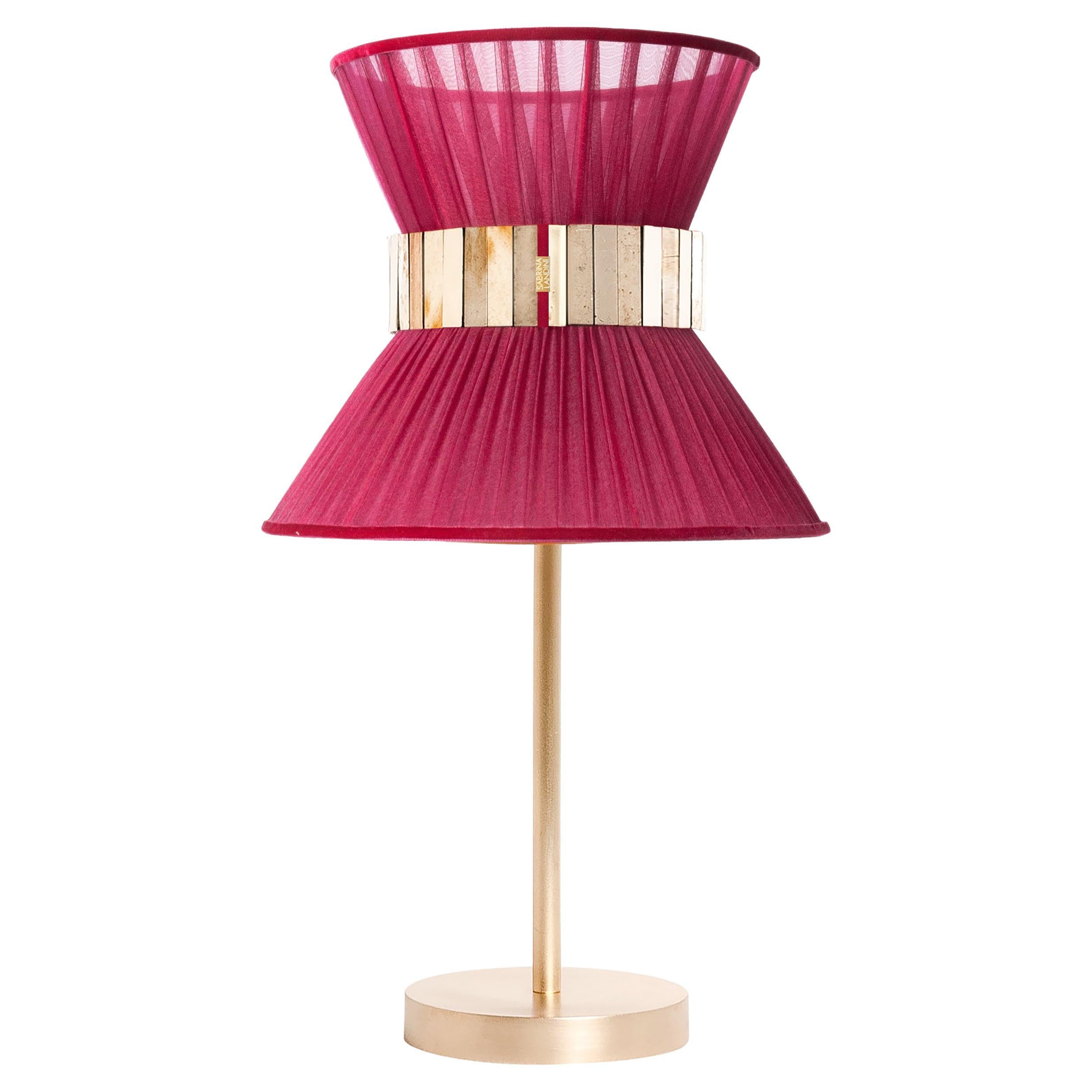 “Tiffany” contemporary Table Lamp 23 Ruby Silk, Antique Brass, Silvered Glas For Sale