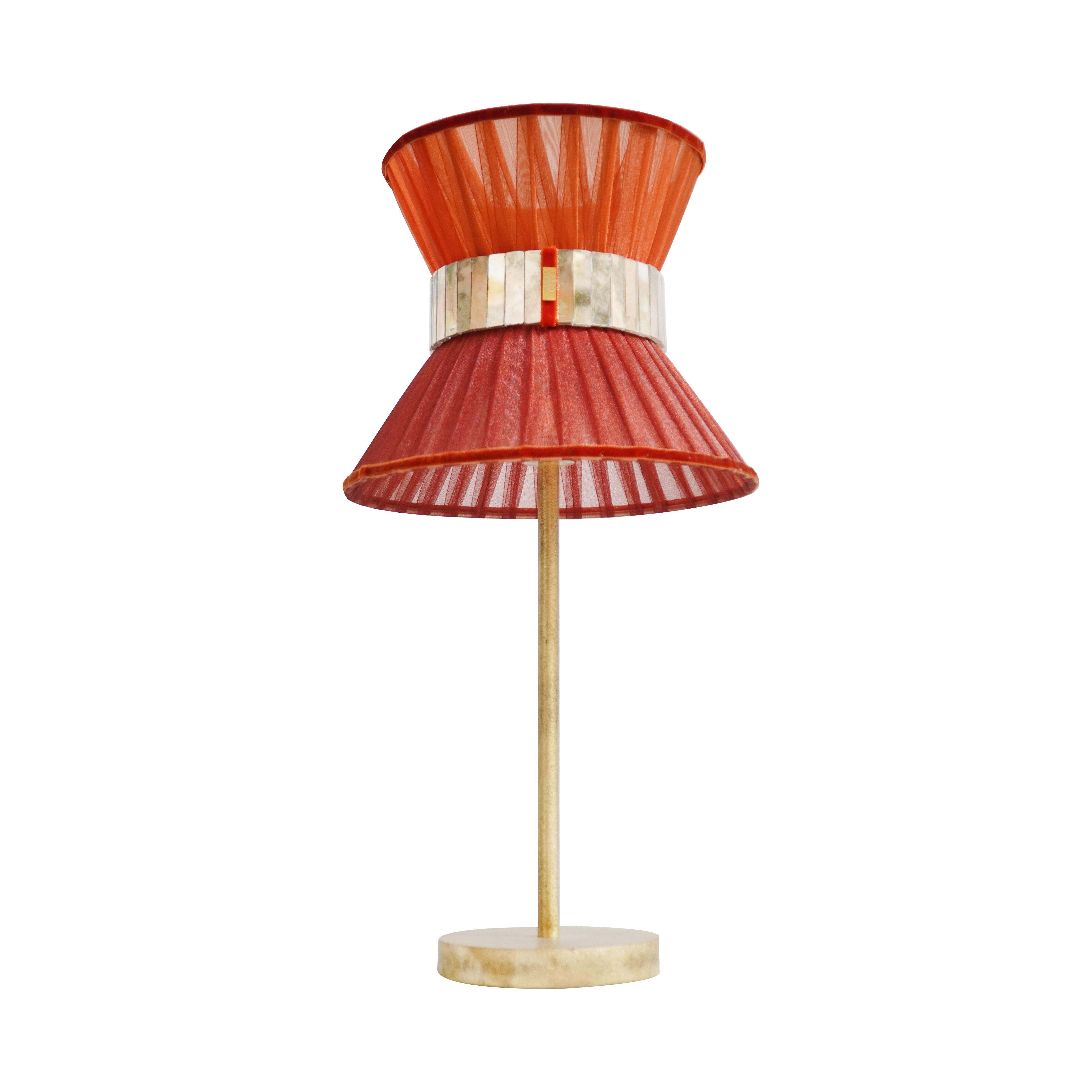 Modern Tiffany Contemporary Table Lamp 23 rust Red Silk, Silvered Glass, Brass For Sale