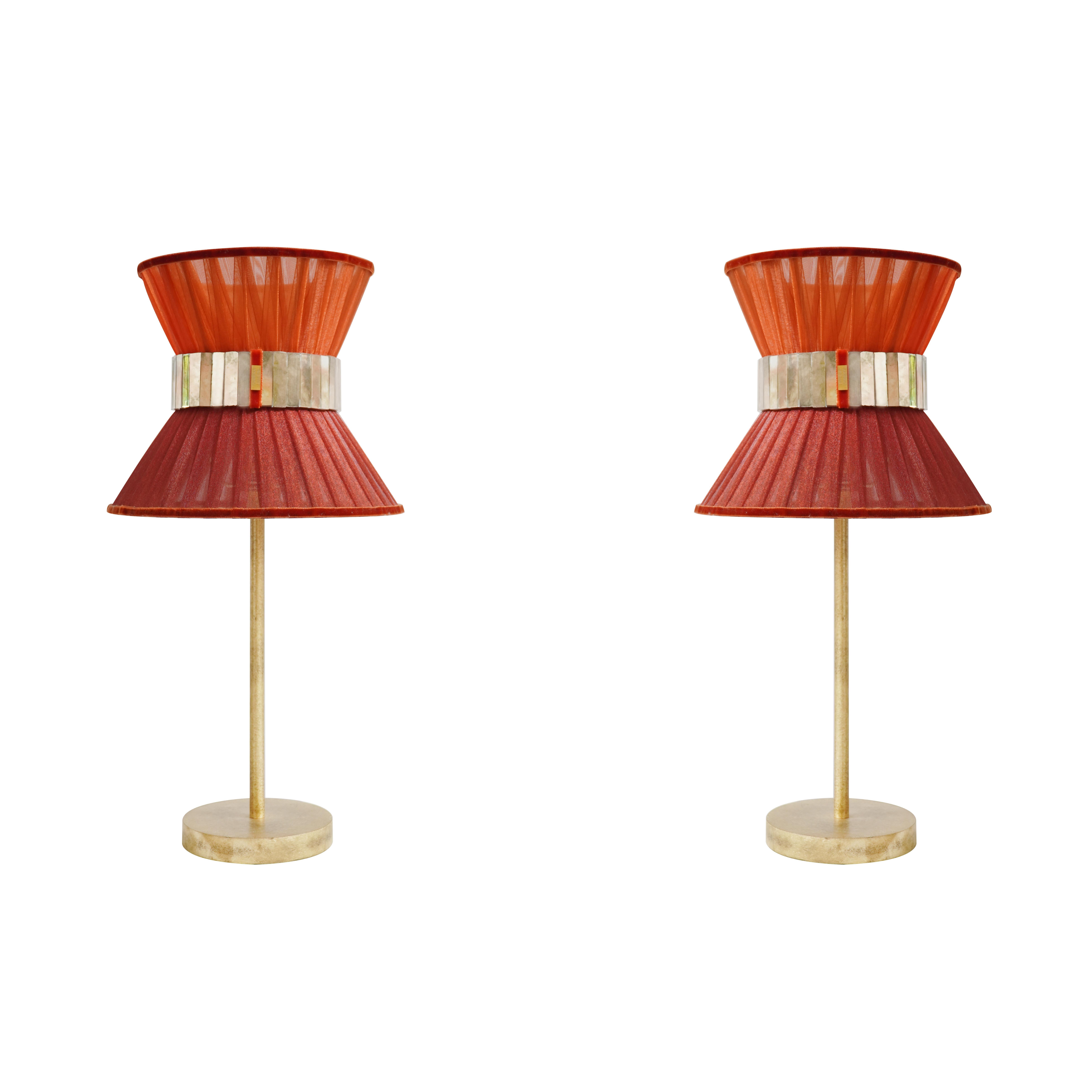 Lampe de bureau contemporaine Tiffany 23 rouge rouille soie, verre argenté, laiton en vente