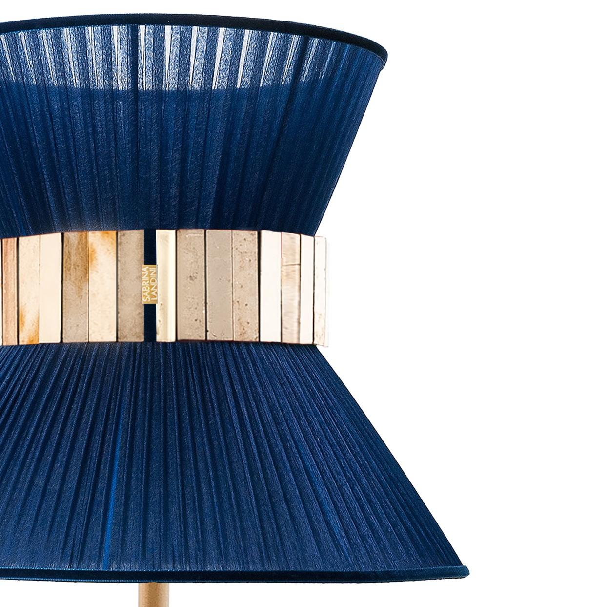 Modern “Tiffany” contemporary Table Lamp 23 Sapphire Silk, Antique Brass, Silvered Glas For Sale