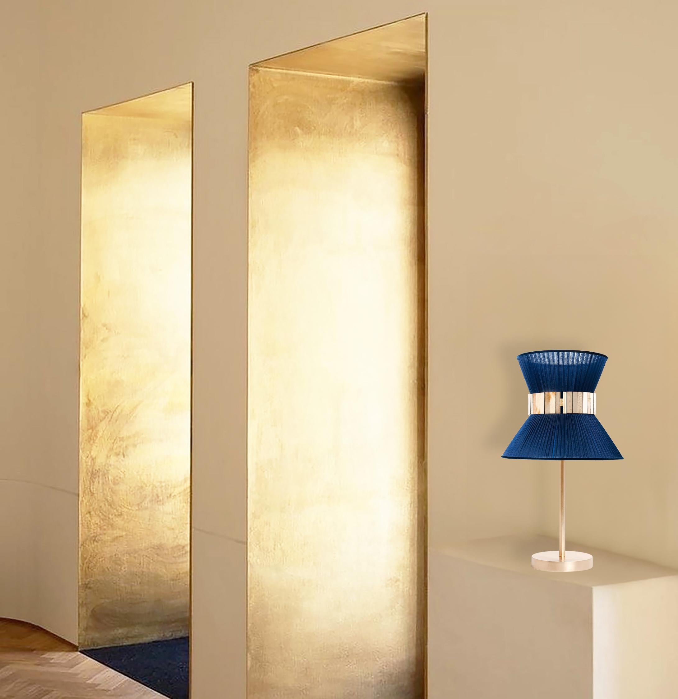 “Tiffany” contemporary Table Lamp 23 Sapphire Silk, Antique Brass, Silvered Glas In New Condition For Sale In Pietrasanta, IT
