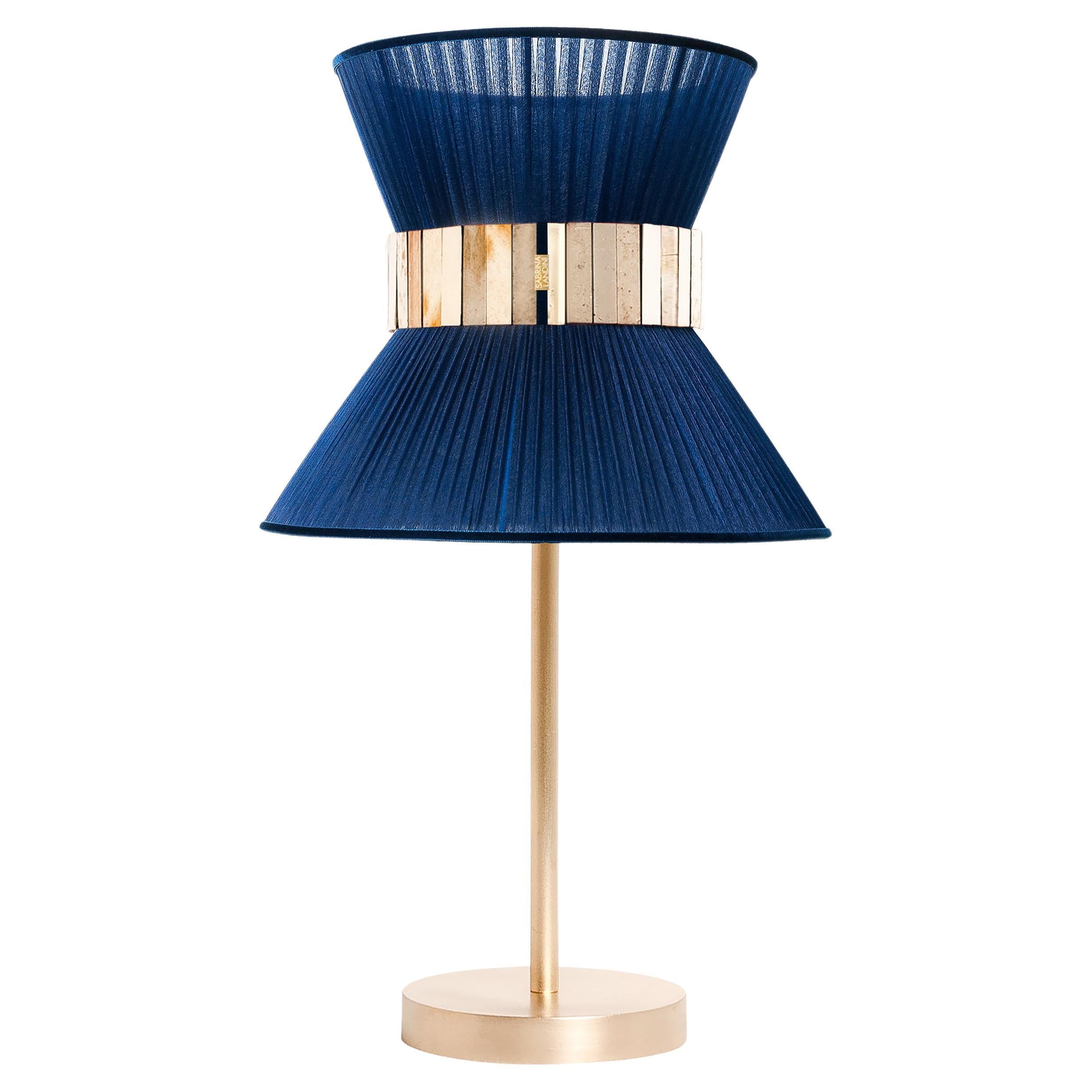 “Tiffany” contemporary Table Lamp 23 Sapphire Silk, Antique Brass, Silvered Glas