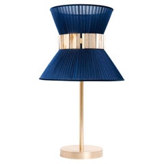 “Tiffany” contemporary Table Lamp 23 Sapphire Silk, Antique Brass, Silvered Glas