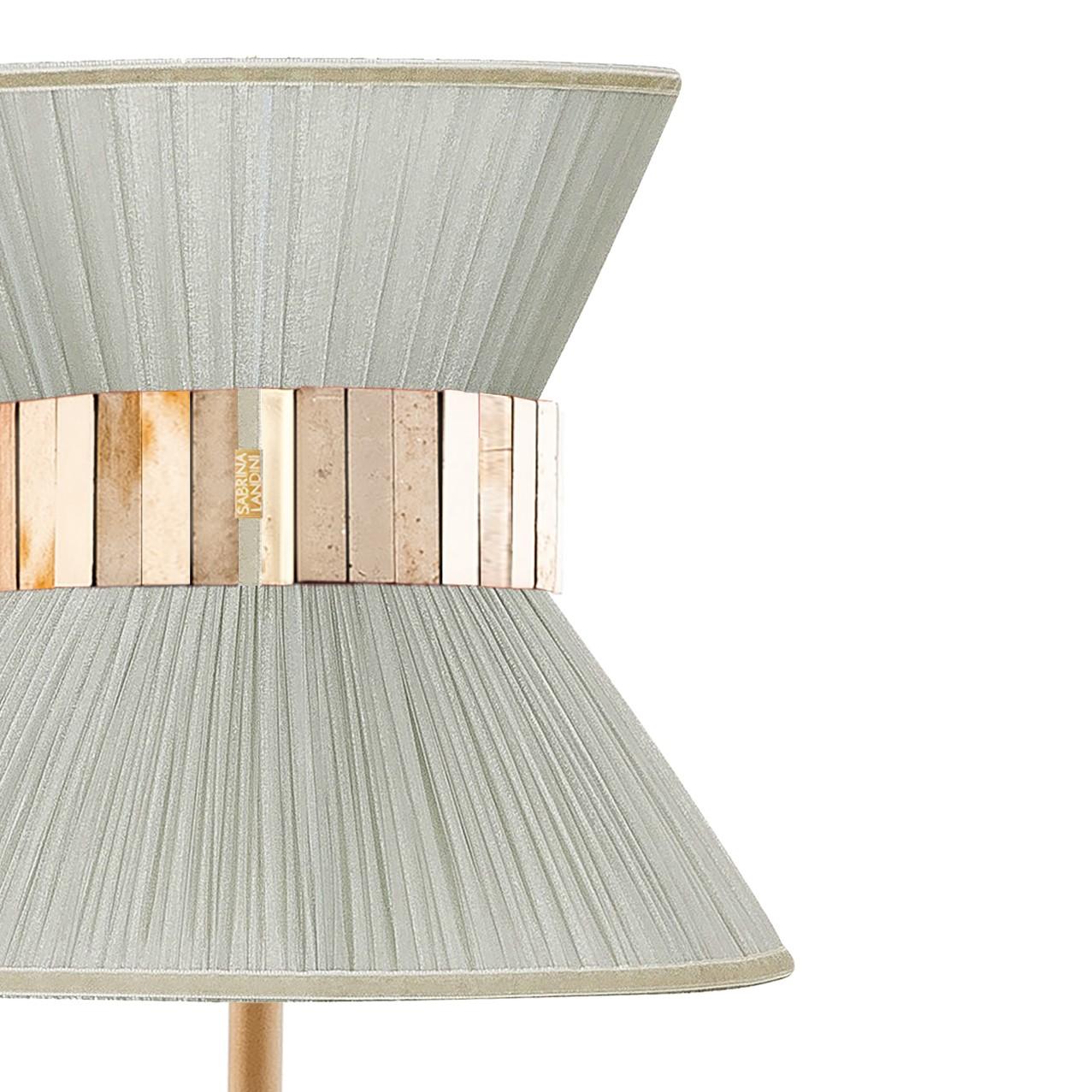 Modern “Tiffany” contemporary Table Lamp 23 Silver Silk, Antique Brass, Silvered Glas For Sale