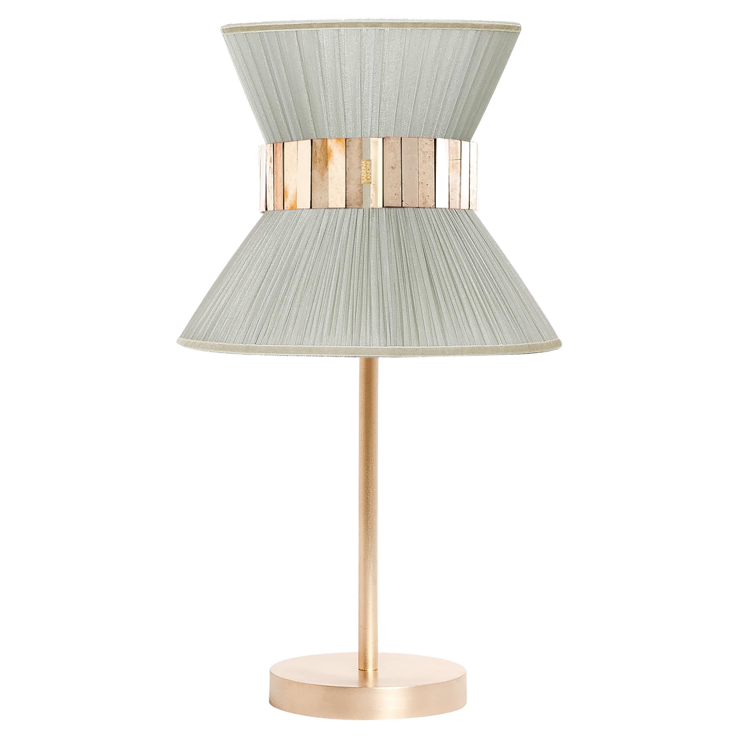 “Tiffany” contemporary Table Lamp 23 Silver Silk, Antique Brass, Silvered Glas For Sale