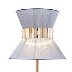 Tiffany contemporary Table Lamp 23 SilverBlue Silk, Antique Brass, Silvered Glas