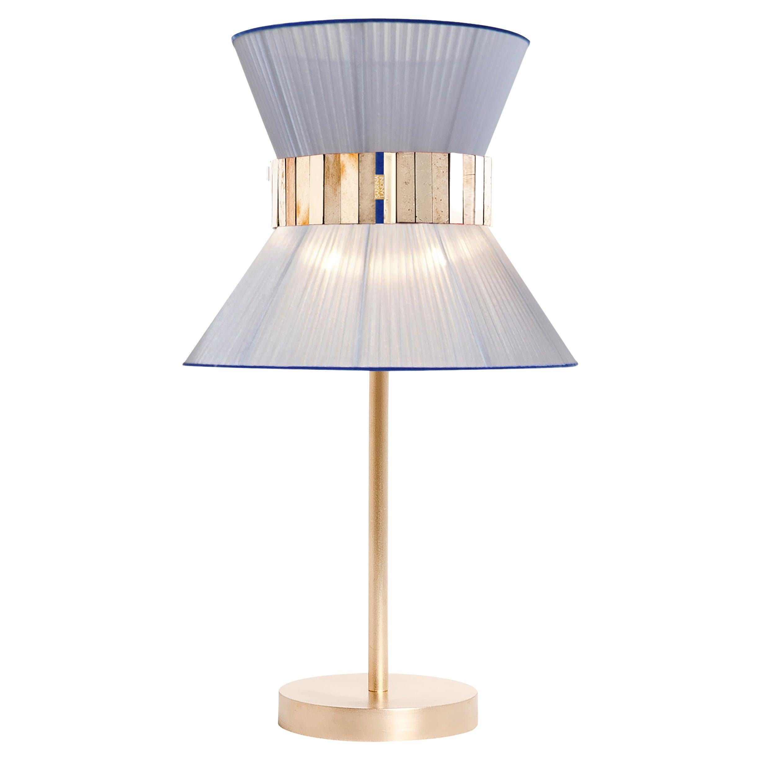 Tiffany contemporary Table Lamp 23 SilverBlue Silk, Antique Brass, Silvered Glas For Sale