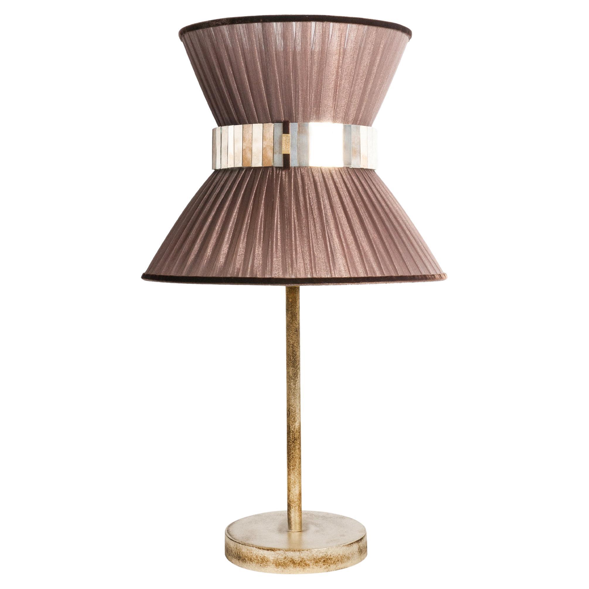 “Tiffany” contemporary Table Lamp 23 tobacco Silk, Antique Brass, Silvered Glas For Sale