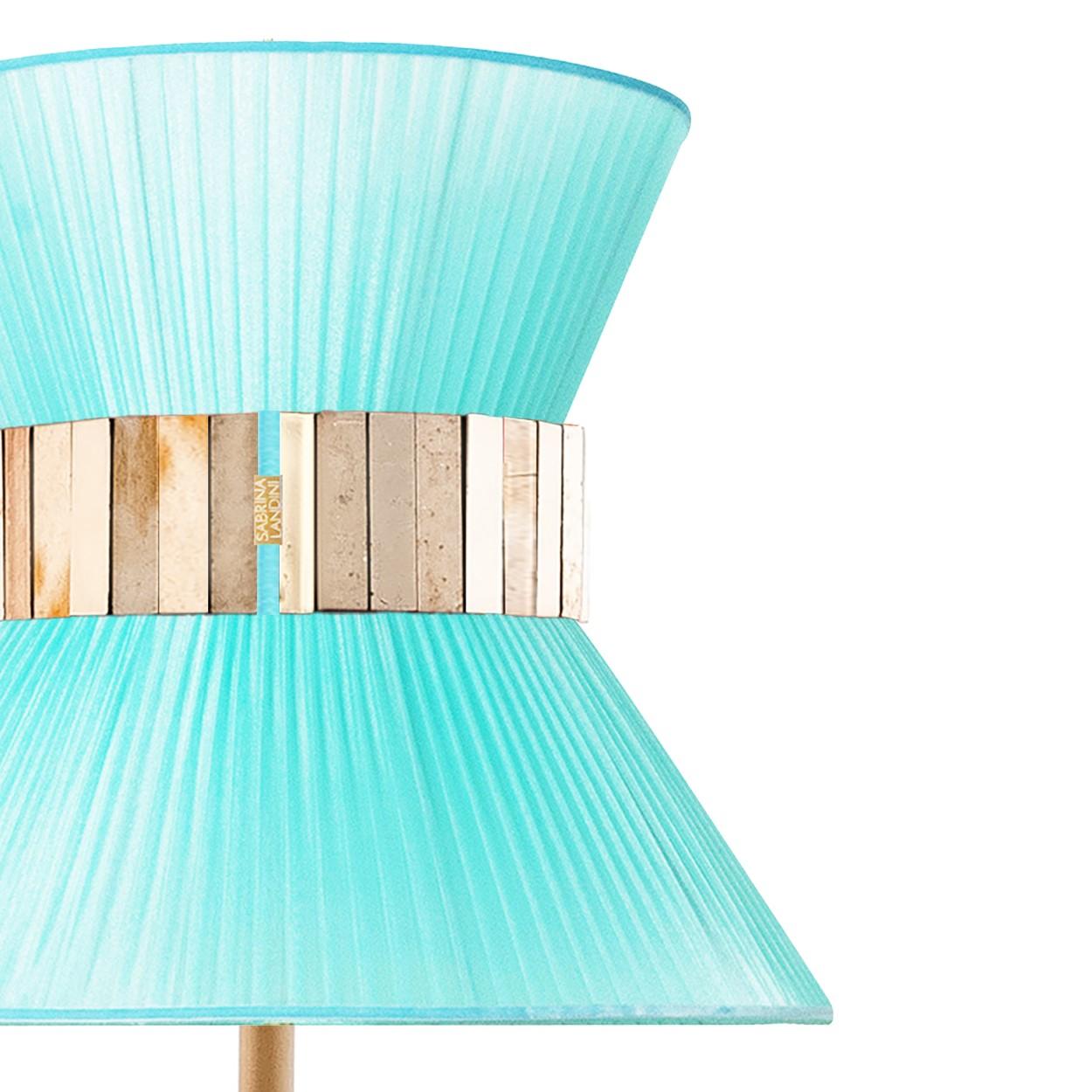 Zeitgenössische Tiffany-Tischlampe 23 Türkisfarbene Seide, antikes Messing, versilbertes Glas (Moderne) im Angebot