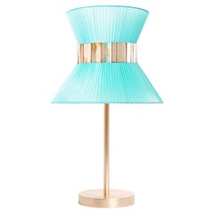 Tiffany contemporary Table Lamp 23 Turqouise Silk, Antique Brass, Silvered Glas