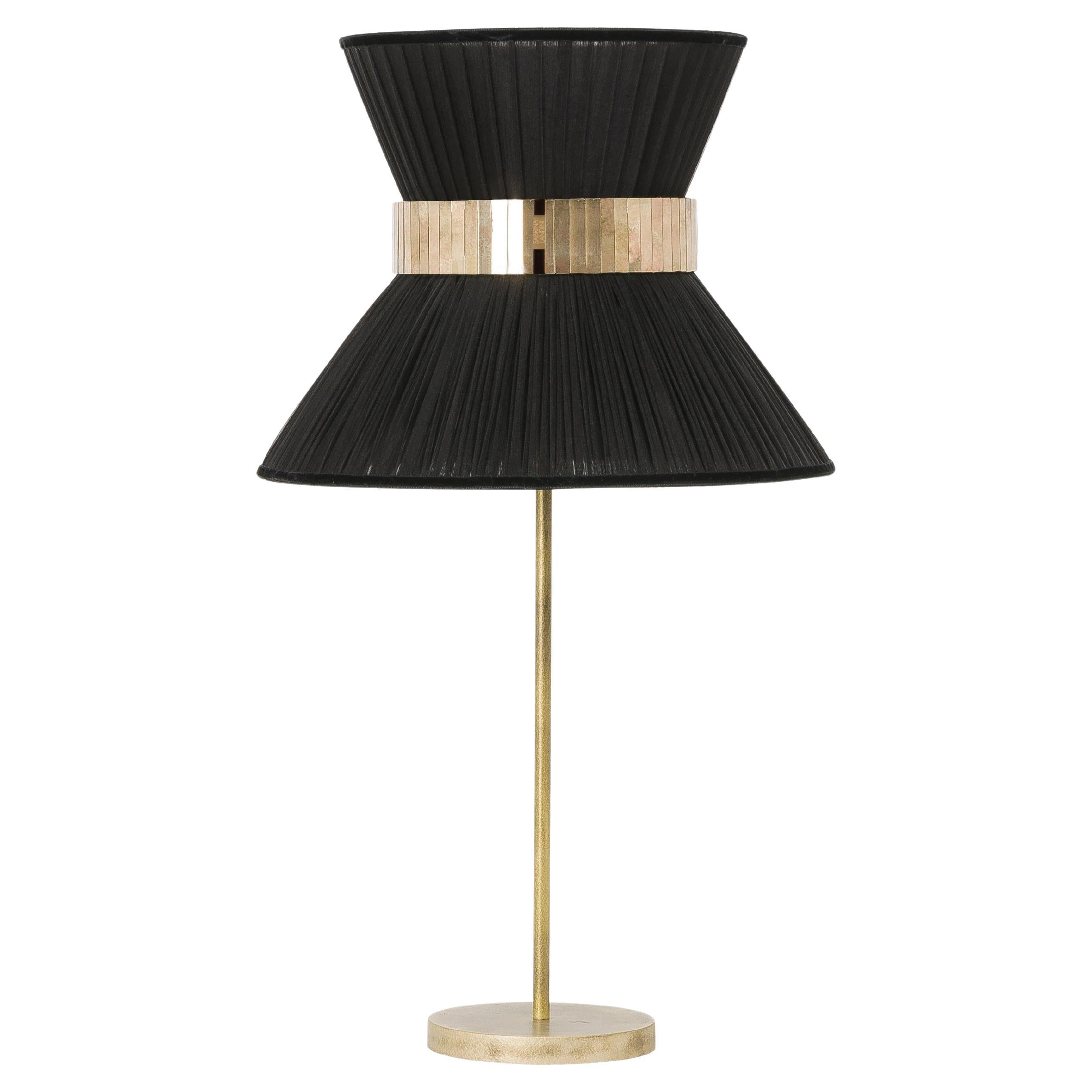Zeitgenössische Tiffany-Tischlampe 30, schwarz, Seide, versilbert, Glas, Messing im Angebot