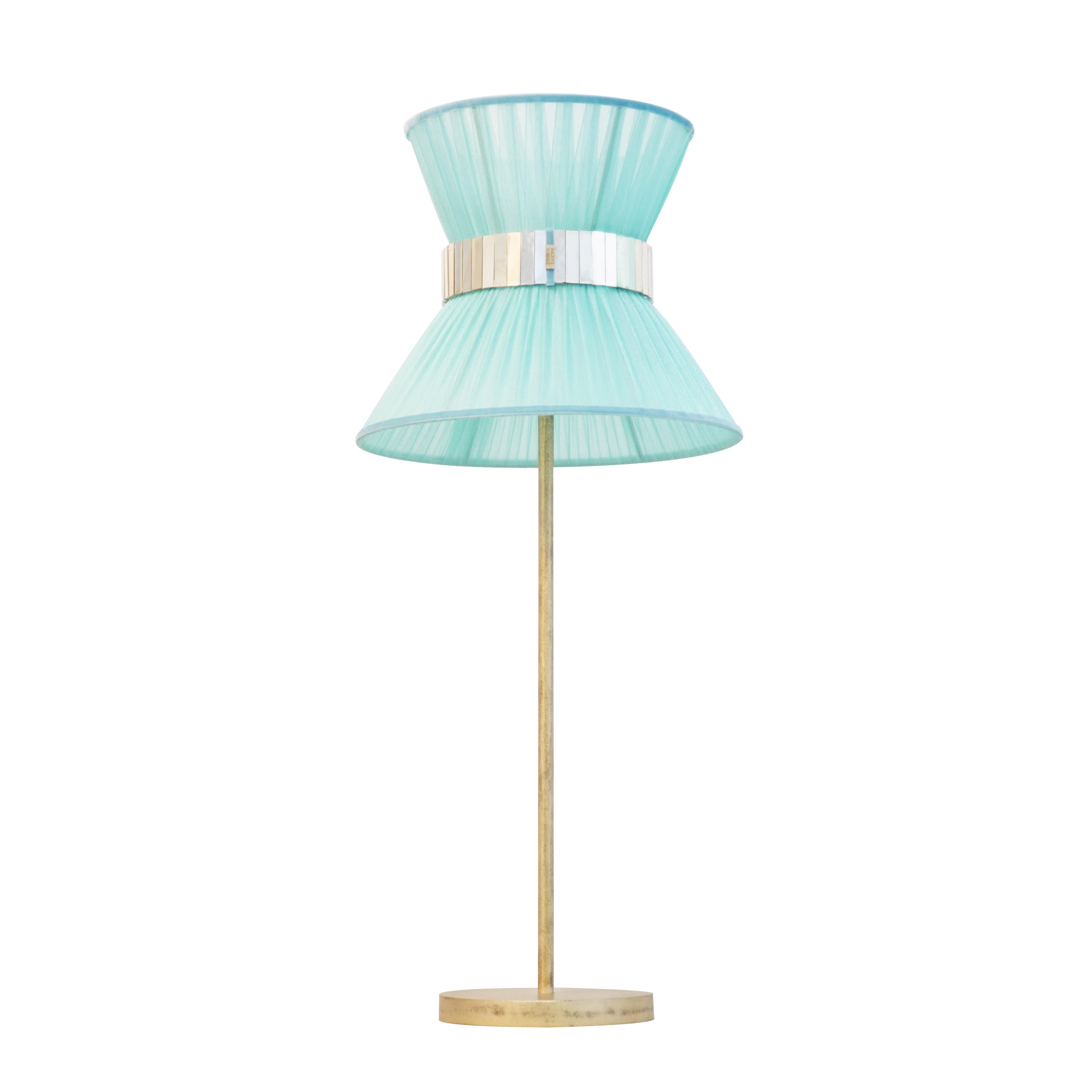Modern Tiffany Contemporary Table Lamp 30 Turquoise Silvered Glass Belt Antiqued Brass For Sale