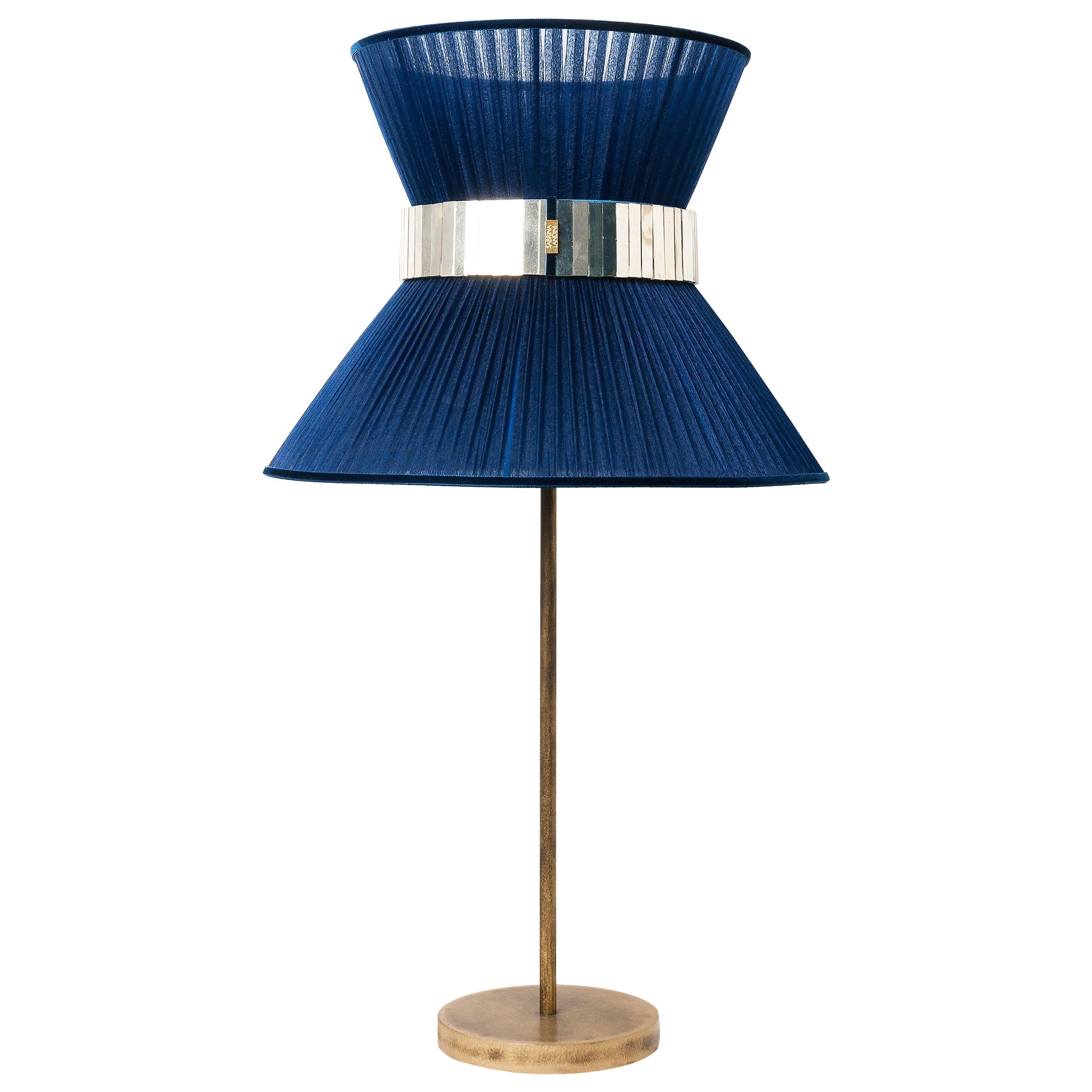 Tiffany Contemporary Table Lamp 40 blue Silk Silvered Glass Belt Antiqued Brass For Sale
