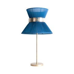 Tiffany Contemporary Table Lamp 40 blue Silk Silvered Glass Belt Antiqued Brass