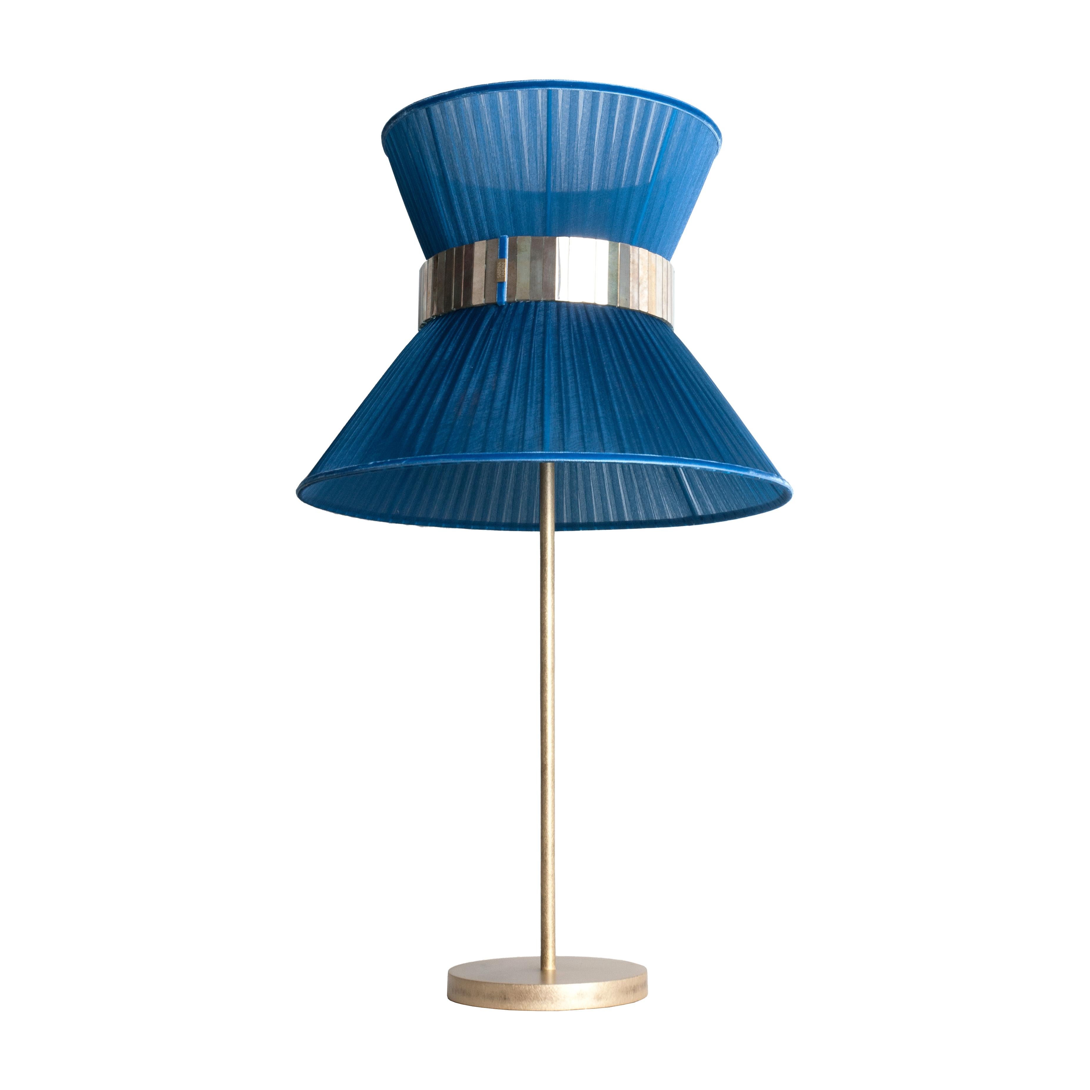 Modern Tiffany Contemporary Table Lamp 40 blue Silk Silvered Glass Belt Antiqued Brass For Sale