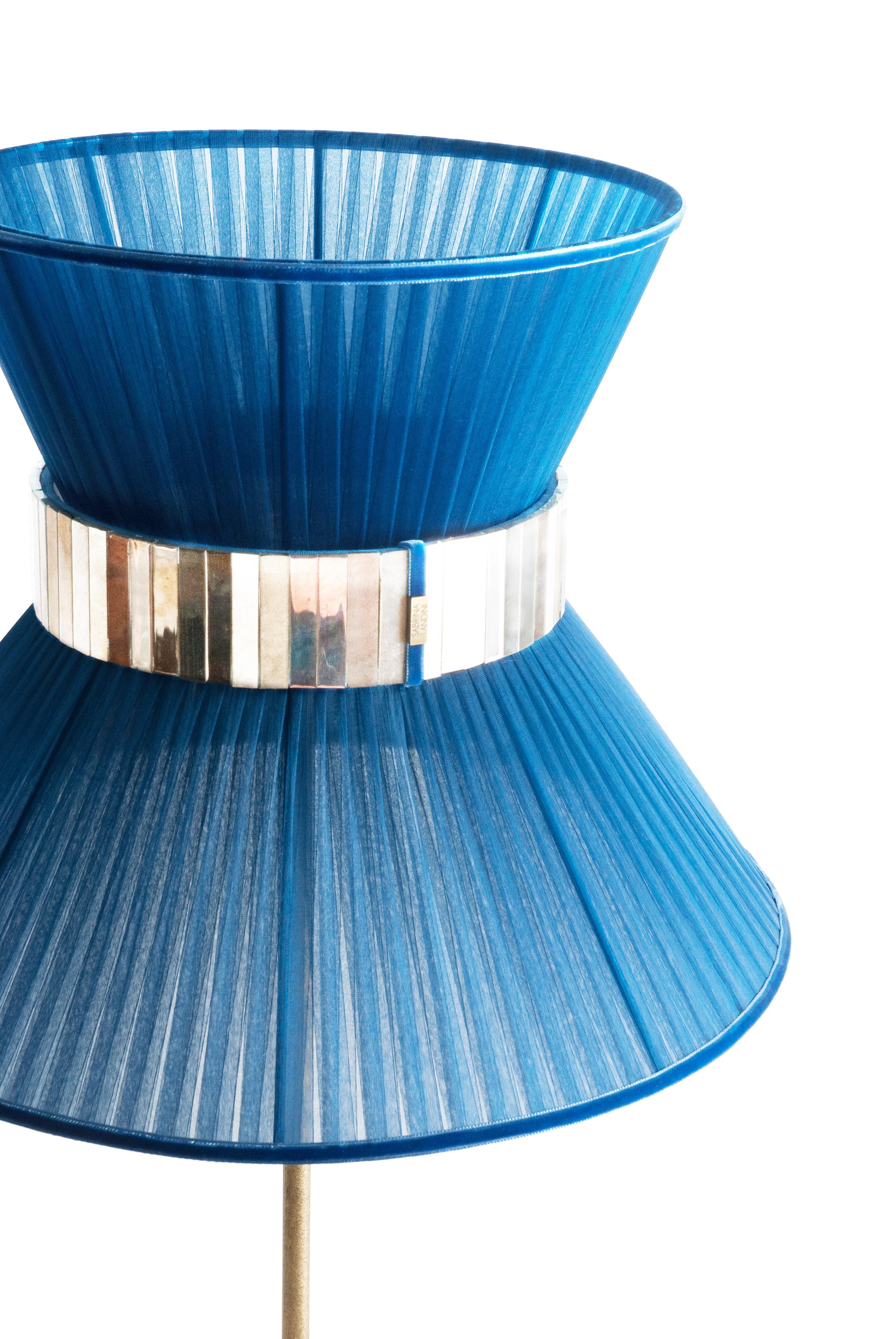 Tiffany lampe de bureau contemporaine 40 bleu soie verre argenté ceinture en laiton vieilli Neuf - En vente à Pietrasanta, IT