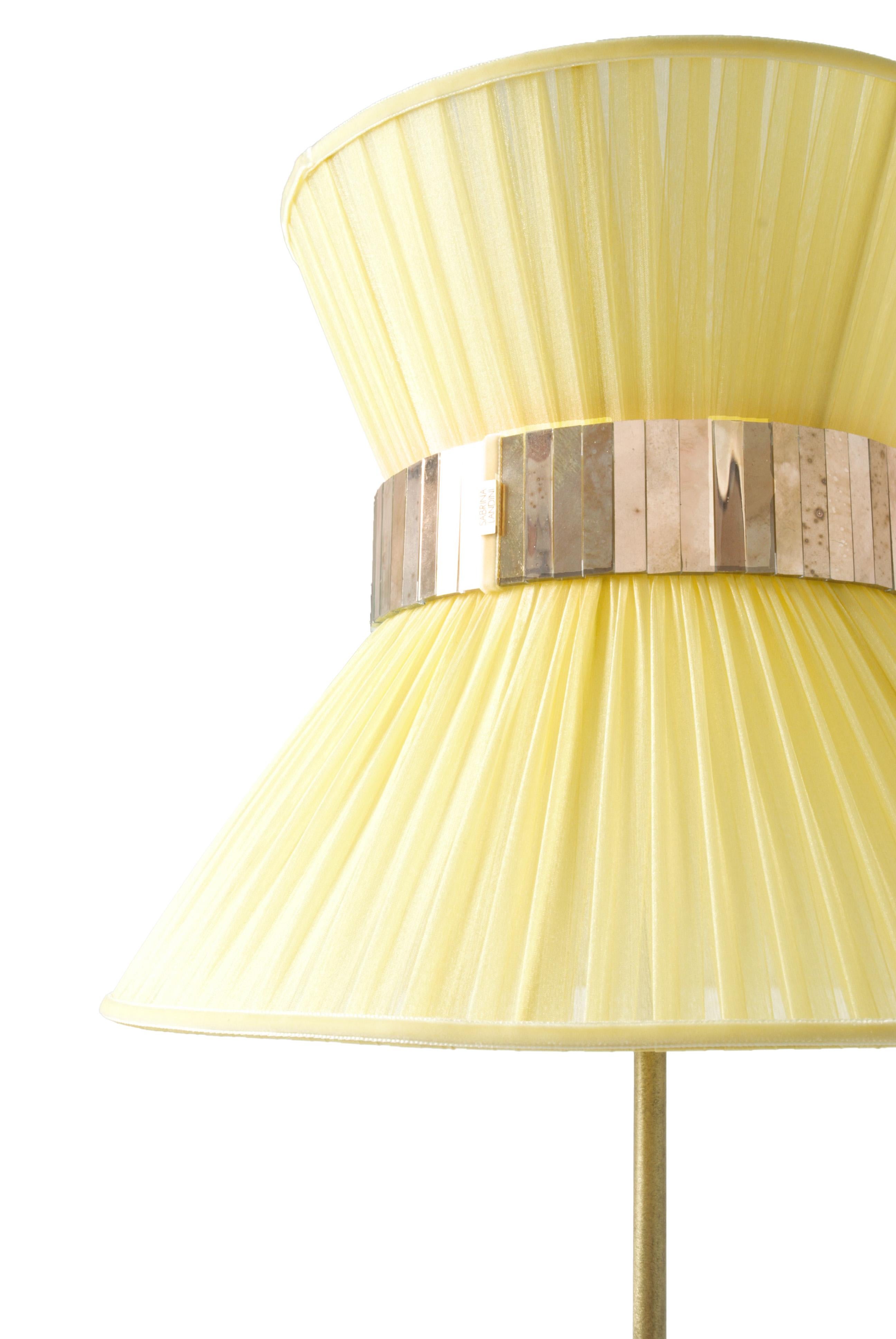 Modern Tiffany Contemporary Table Lamp 40 Lemon Silk Silvered Glass Belt Antiqued Bras For Sale