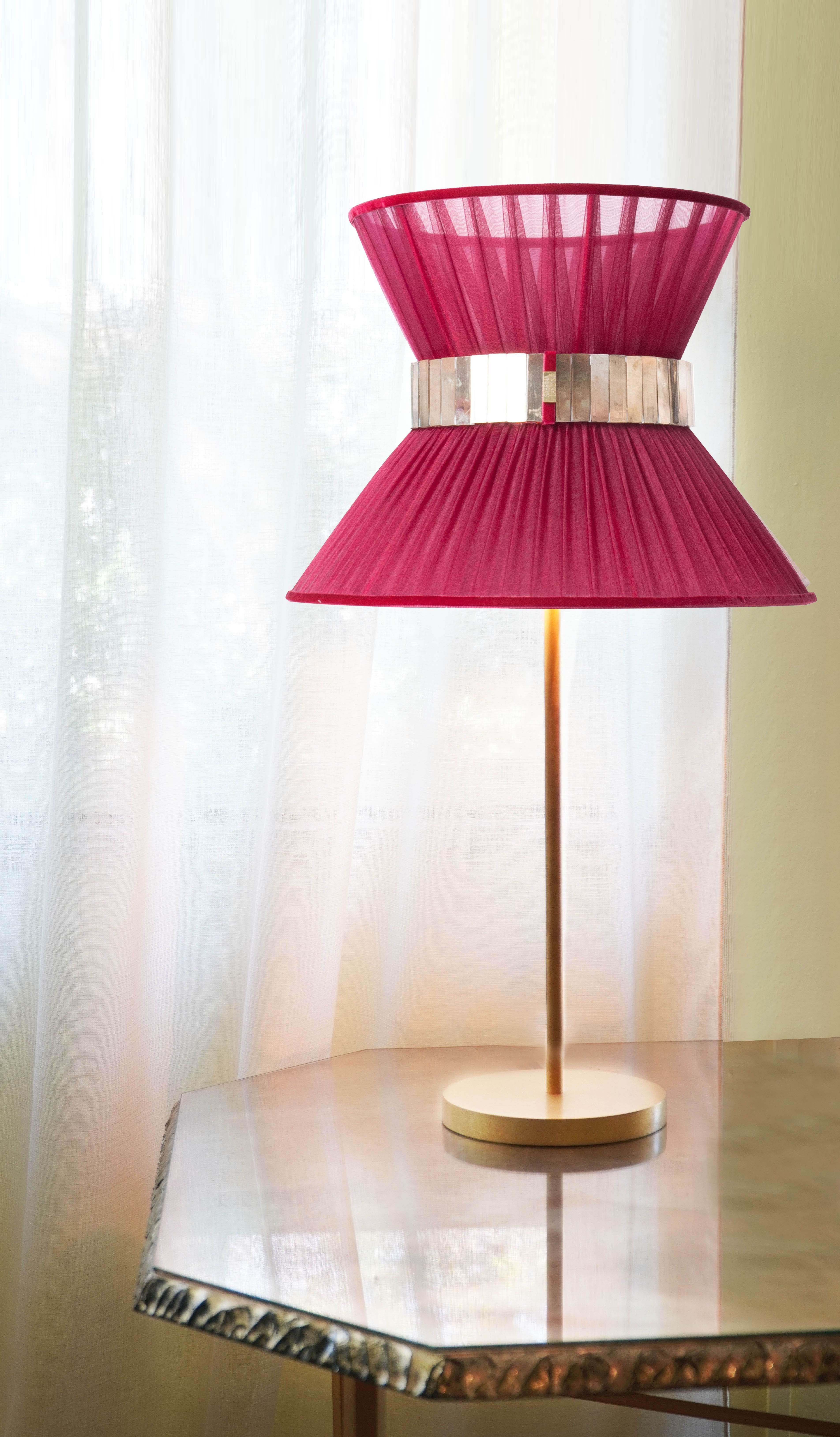 Italian Tiffany Contemporary Table Lamp 40 Ruby Silvered Glass Belt Antiqued Brass For Sale