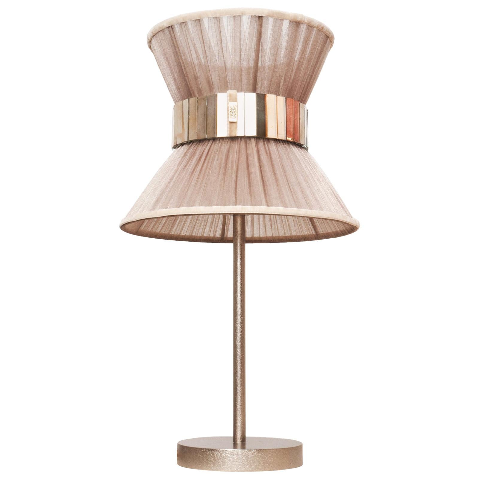 Tiffany Contemporary Table Lamp Champagne Silk, Silvered Glass, Nickel Brass