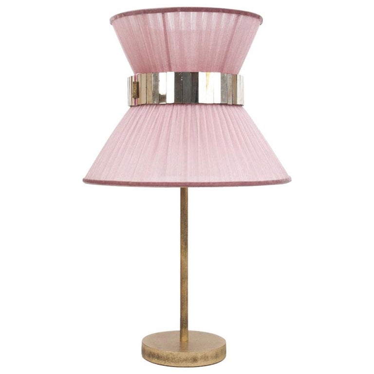 Tiffany Contemporary Table Lamp 30 Blush Silk Antiqued Brass, Silvered Glass For Sale