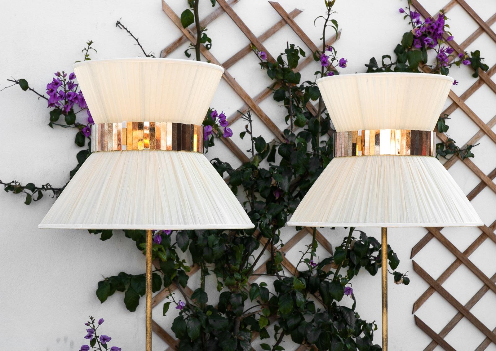 Contemporary Tiffany contemporary table Lamp Silk, Antiqued Brass, Silvered Glass