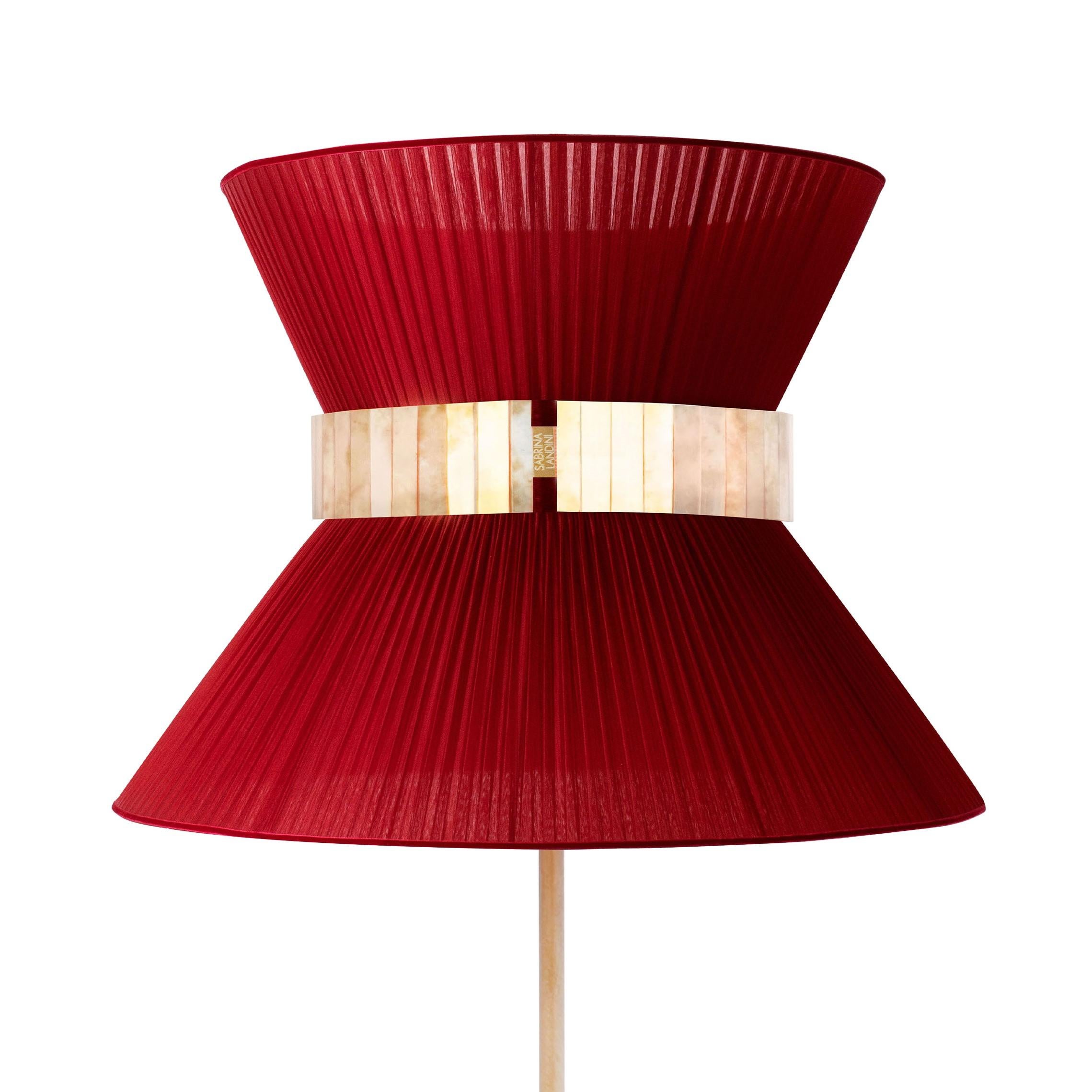 Modern Tiffany Contemporary Table Lamp40 Red-Heart Silvered Glass Belt Antiqued Brass For Sale