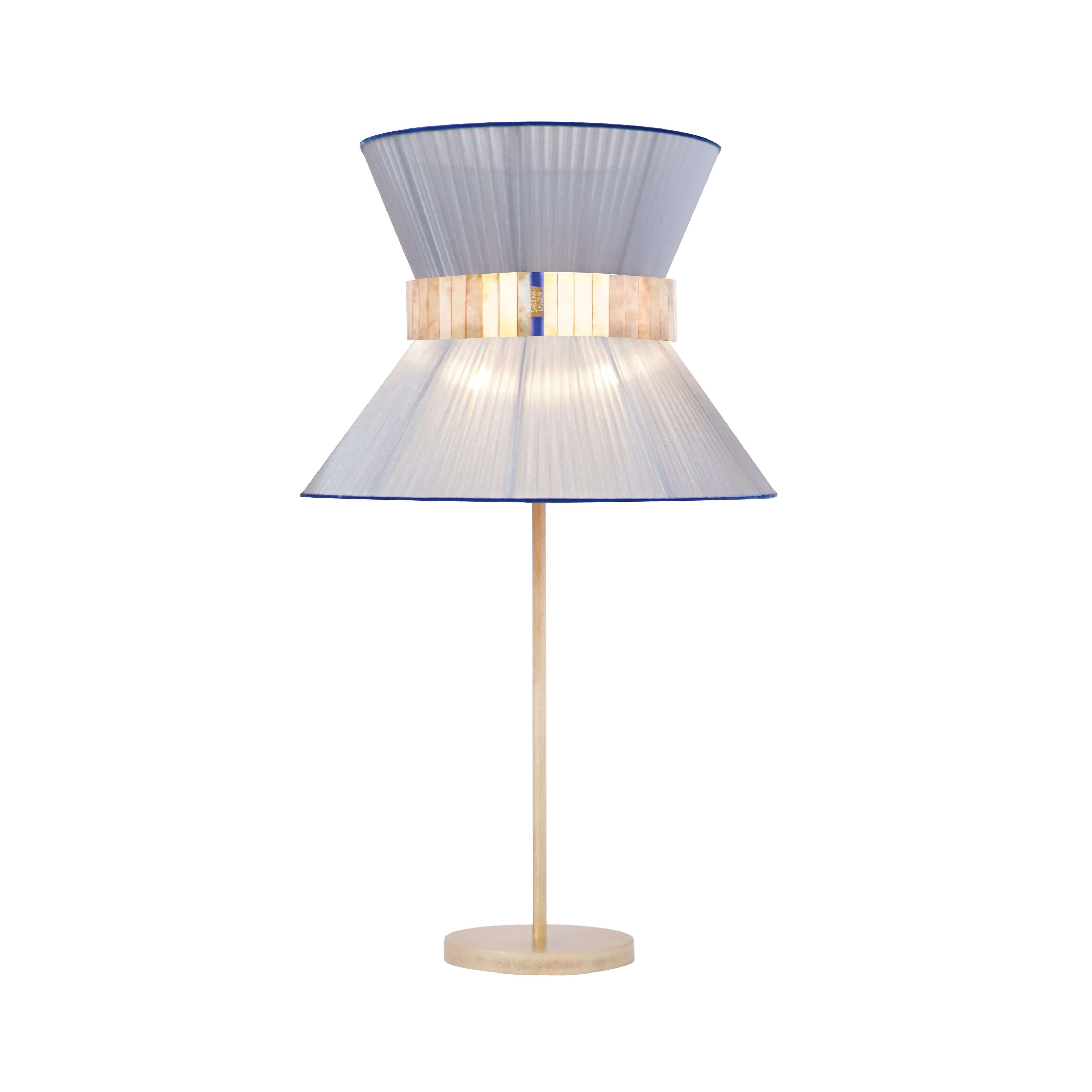 Argentato Lampada da tavolo contemporanea Tiffany40 Argento-Blu Cintura di vetro argentato Ottone anticato in vendita