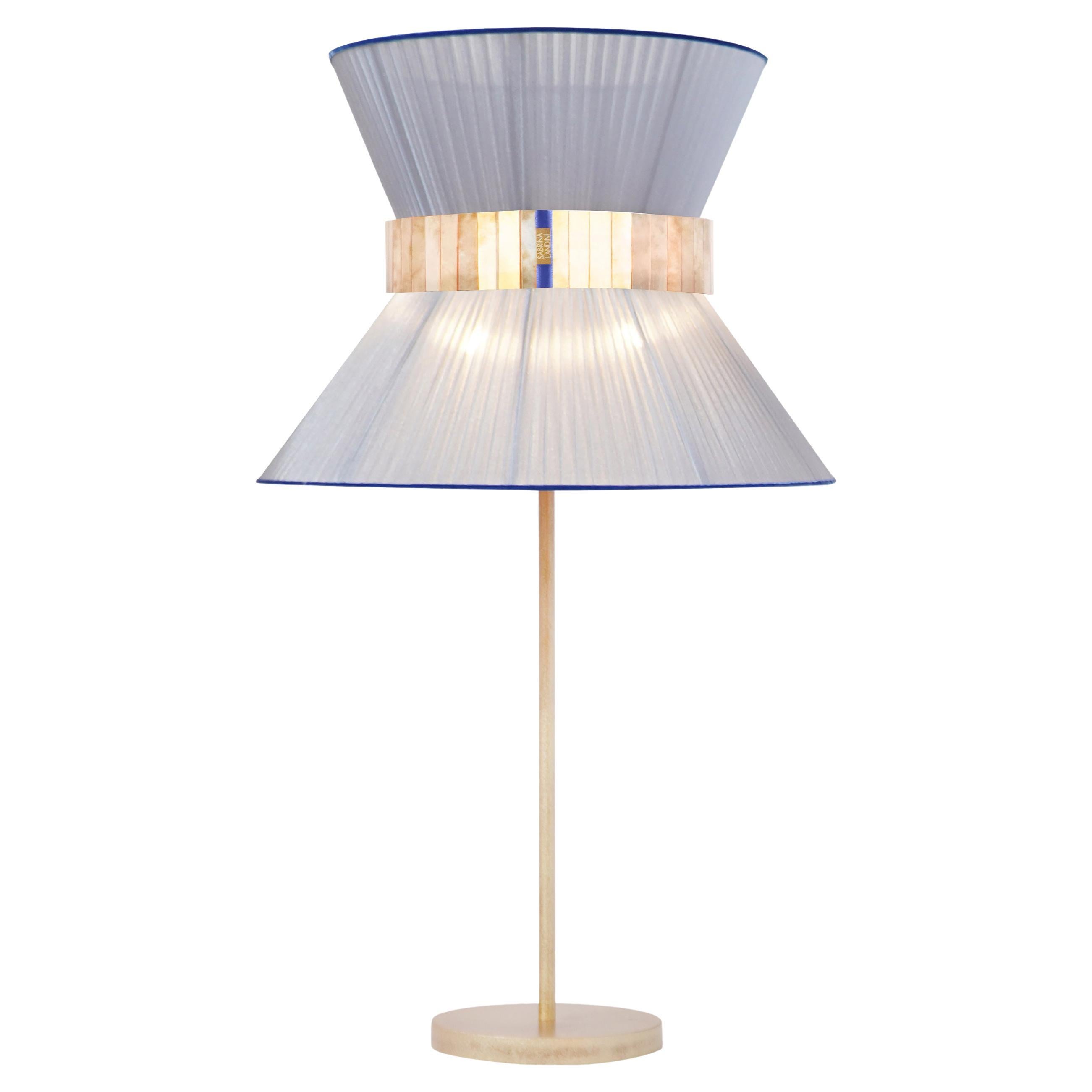 Lampada da tavolo contemporanea Tiffany40 Argento-Blu Cintura di vetro argentato Ottone anticato