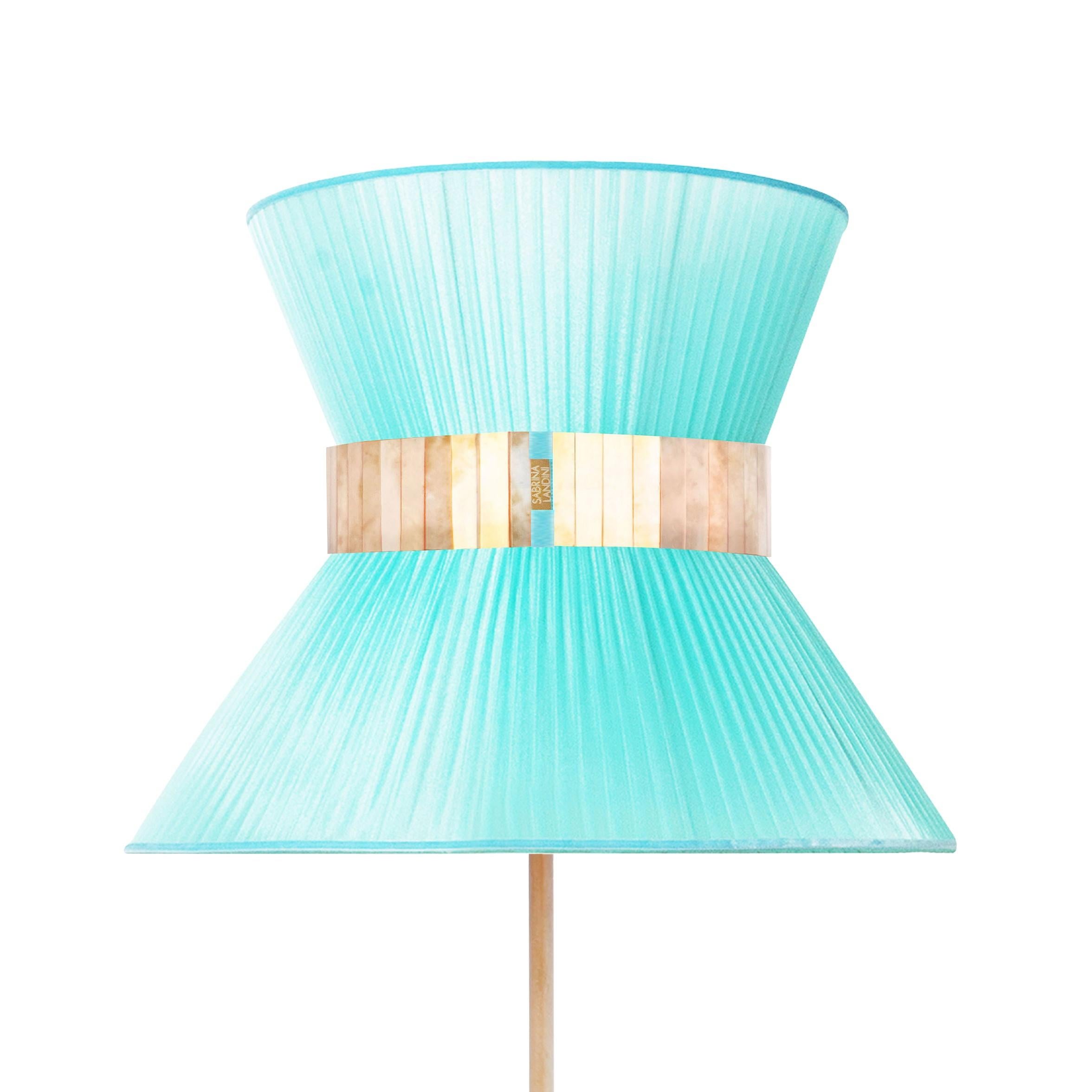 Moderne Tiffany Contemporary Table Lamp40 Turqouise Silvered Glass Belt Antiqued Brass en vente