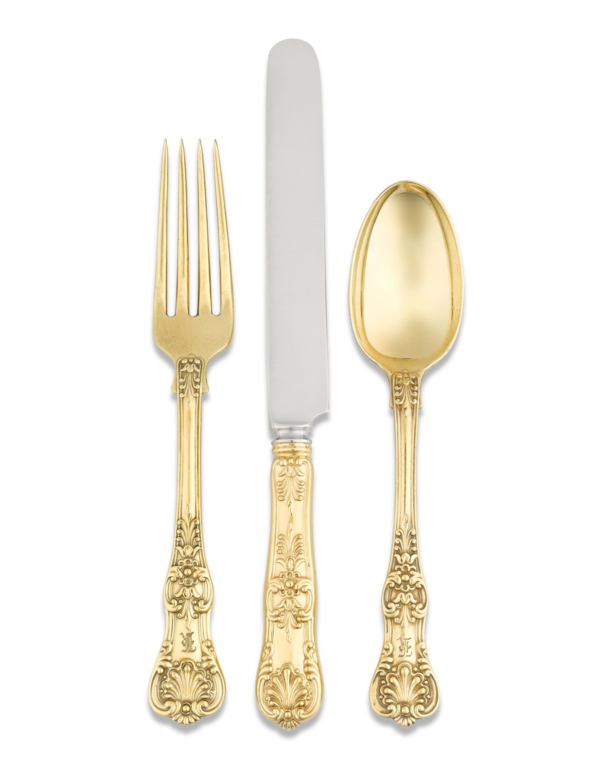 Sterling Silver Tiffany & Co.'s English King Gilded Flatware Service, 251 Pieces