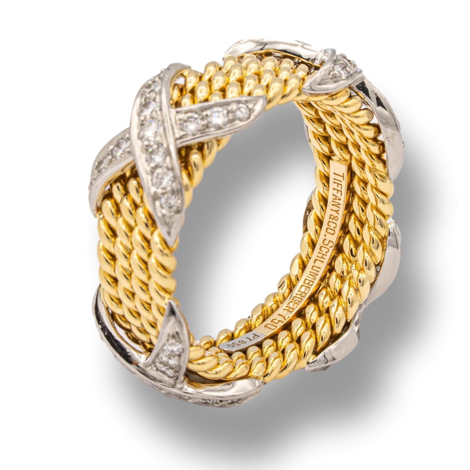 Contemporary Tiffany & Co. Vintage Schlumberger X 4 Row Rope Ring in 18k and Platinum