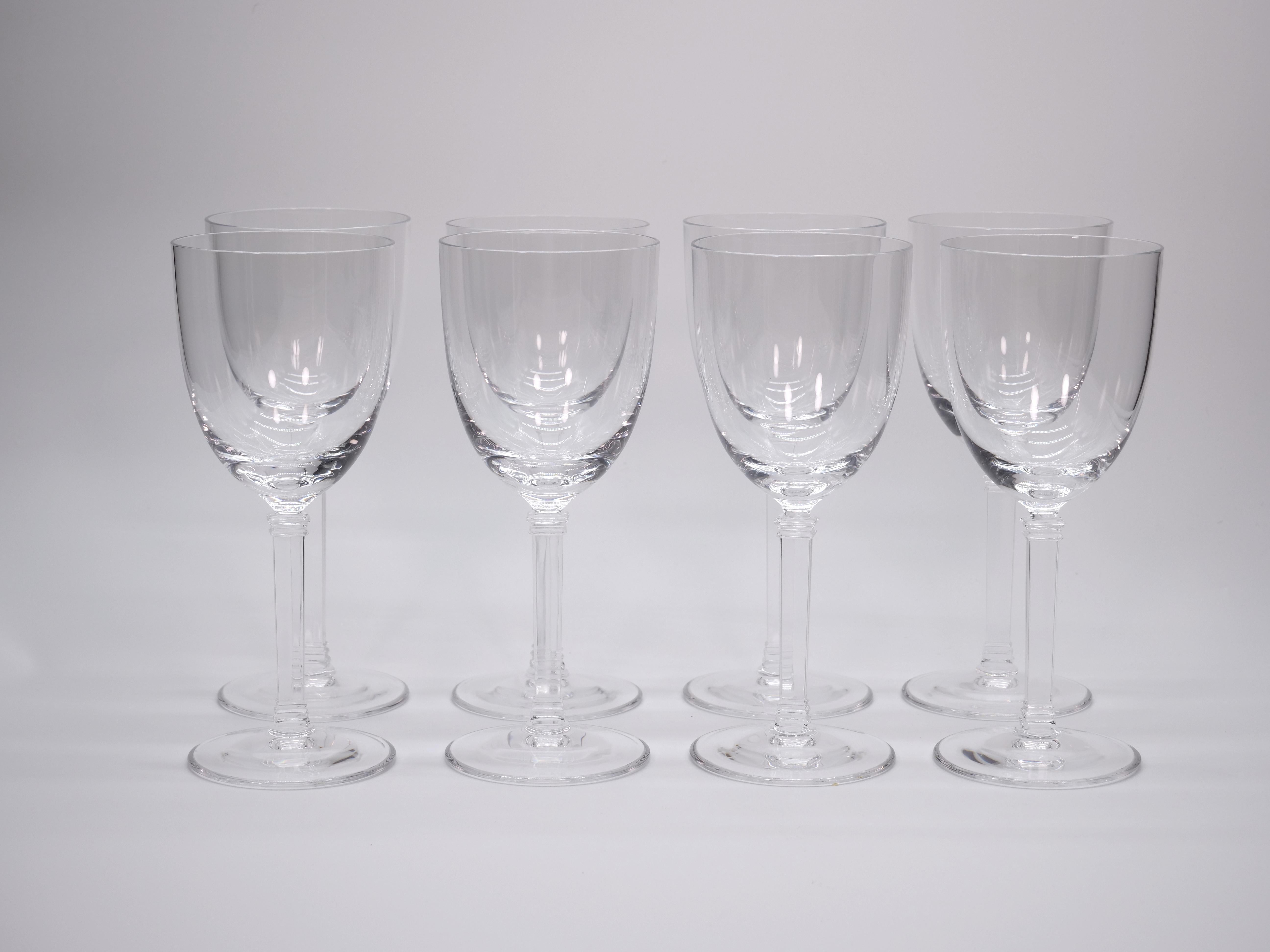 Exquisite Tiffany Crystal Mid-Century Modern barware, Tableware wine or water glass. We are selling individually. Each glass is $1400 per and we have fourteen pieces available. These glasses are very bold yet simple in an art deco style and can add
