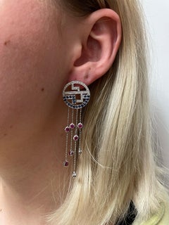 Tiffany & Co. Dangling Earrings with Ruby, Sapphire and Diamonds, 18 Karat Gold