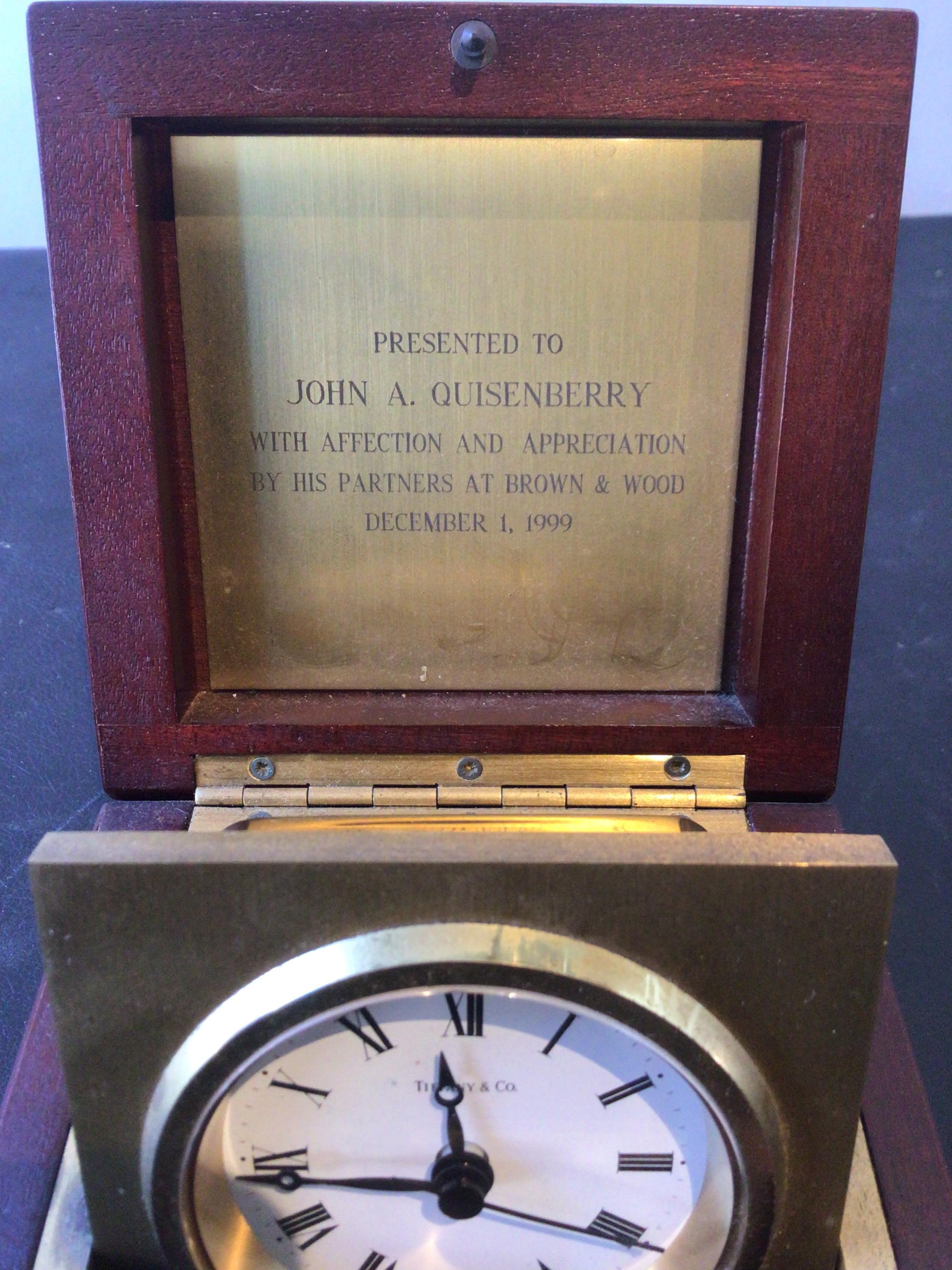 Late 20th Century Tiffany & Co. Desk Clock in Mahogany and Brass Box For Sale