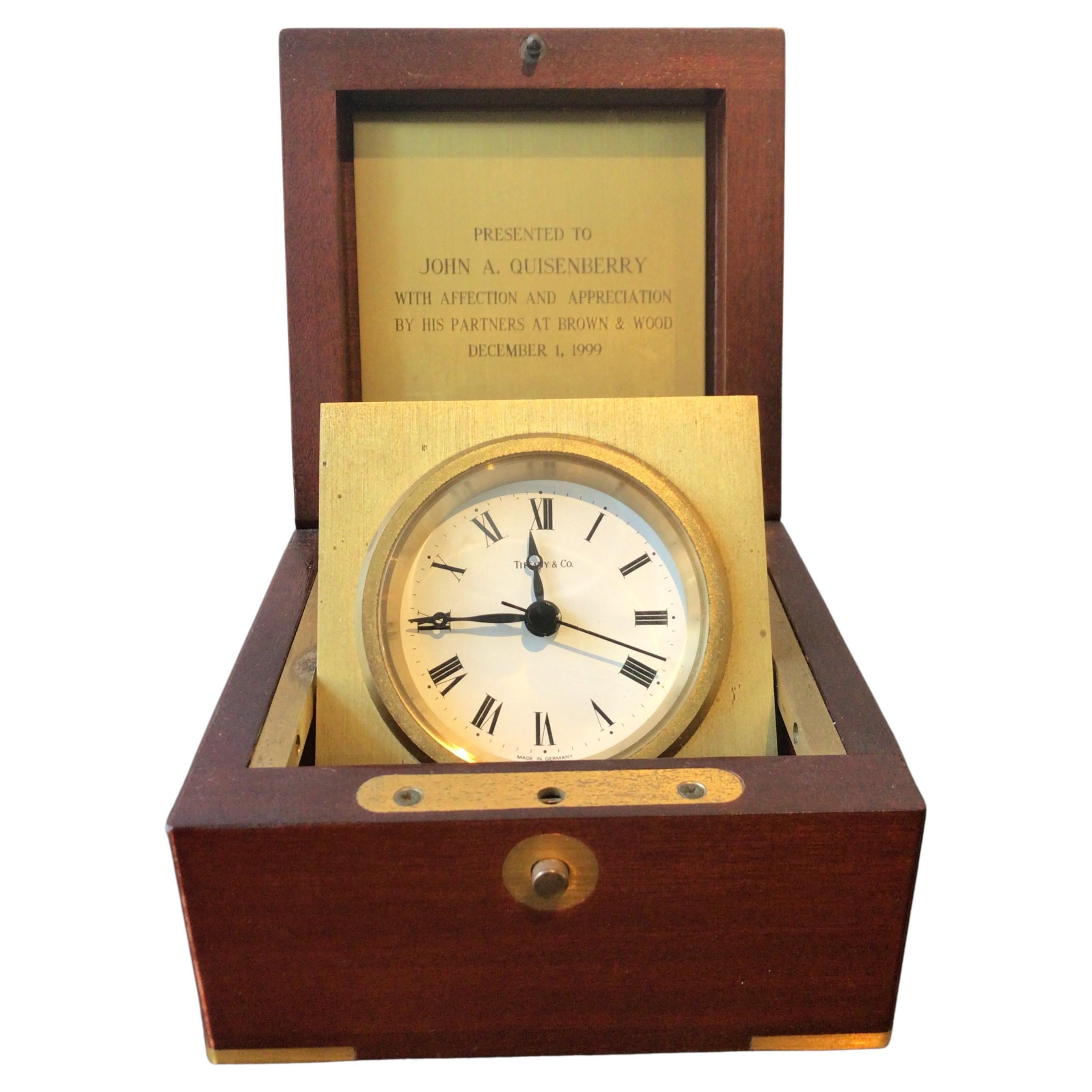 Tiffany & Co. Desk Clock in Mahogany and Brass Box For Sale