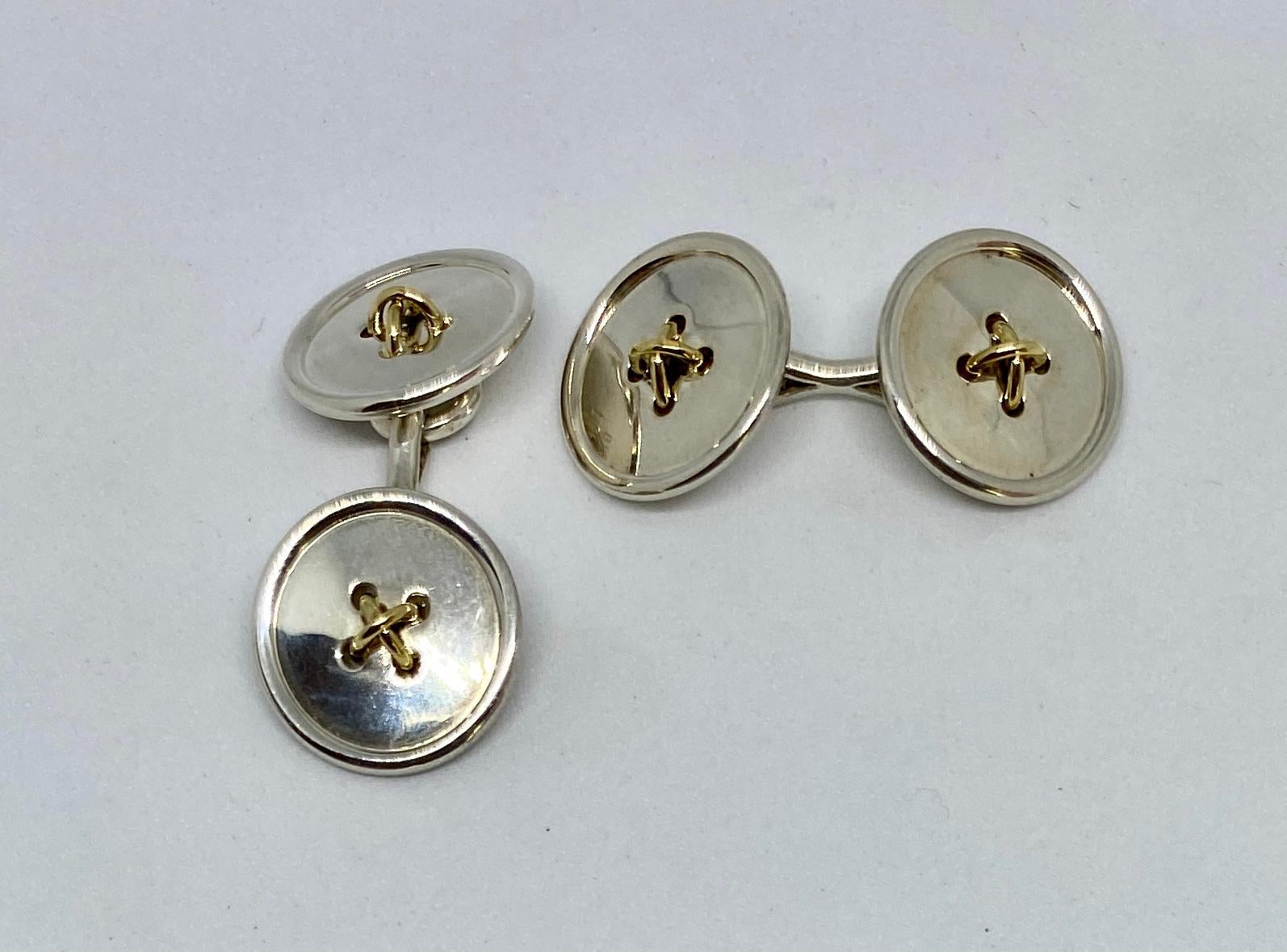 Contemporary Tiffany Double-Sided Button Cufflinks in 18k Yellow Gold and Sterling Silver