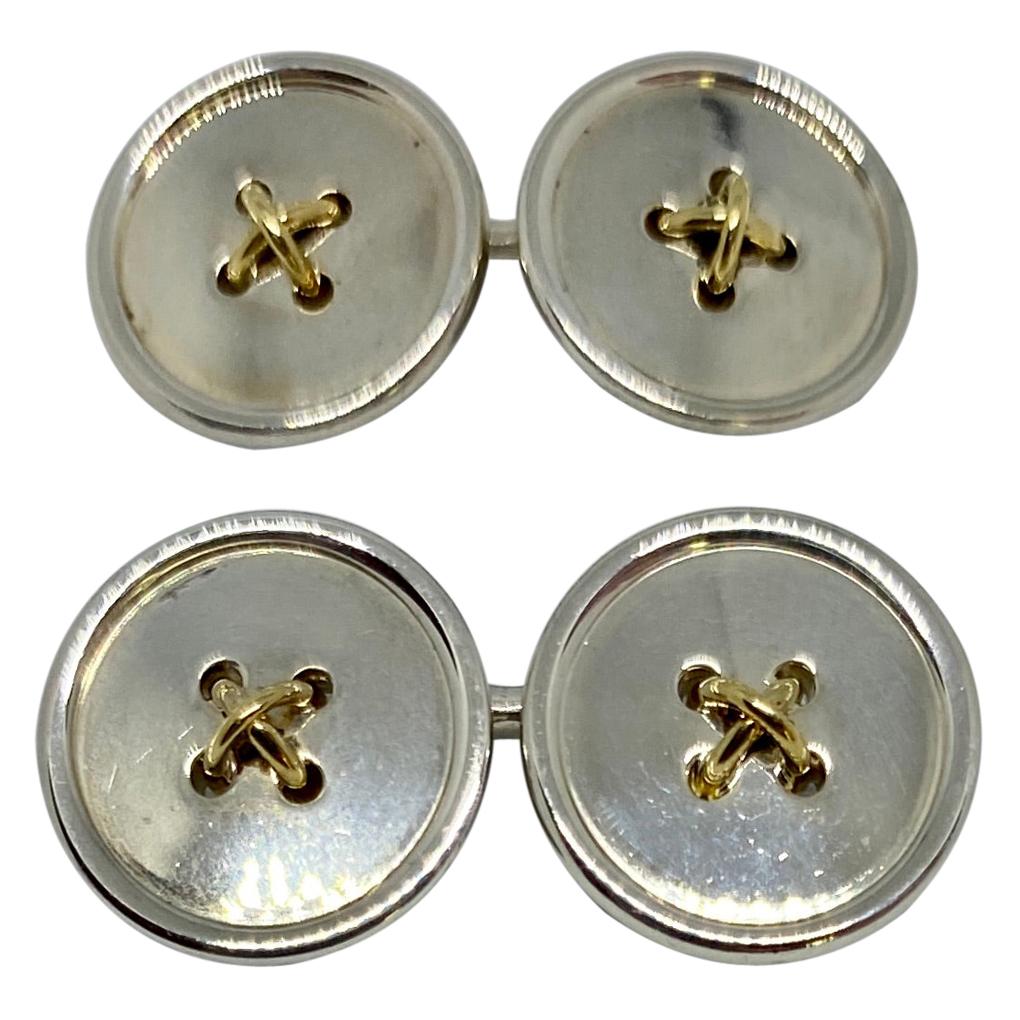 Tiffany Double-Sided Button Cufflinks in 18k Yellow Gold and Sterling Silver