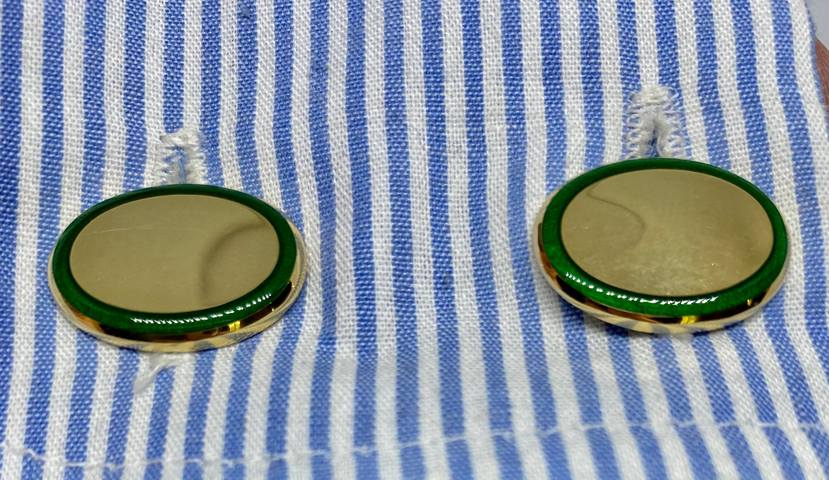 Tiffany Double-Sided Oval Cufflinks in 18K Yellow Gold with Green Enamel In Excellent Condition For Sale In San Rafael, CA