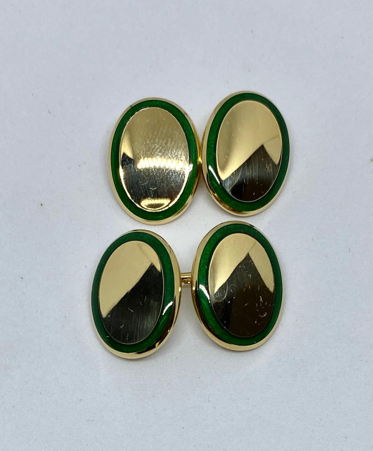 Women's or Men's Tiffany Double-Sided Oval Cufflinks in 18K Yellow Gold with Green Enamel For Sale