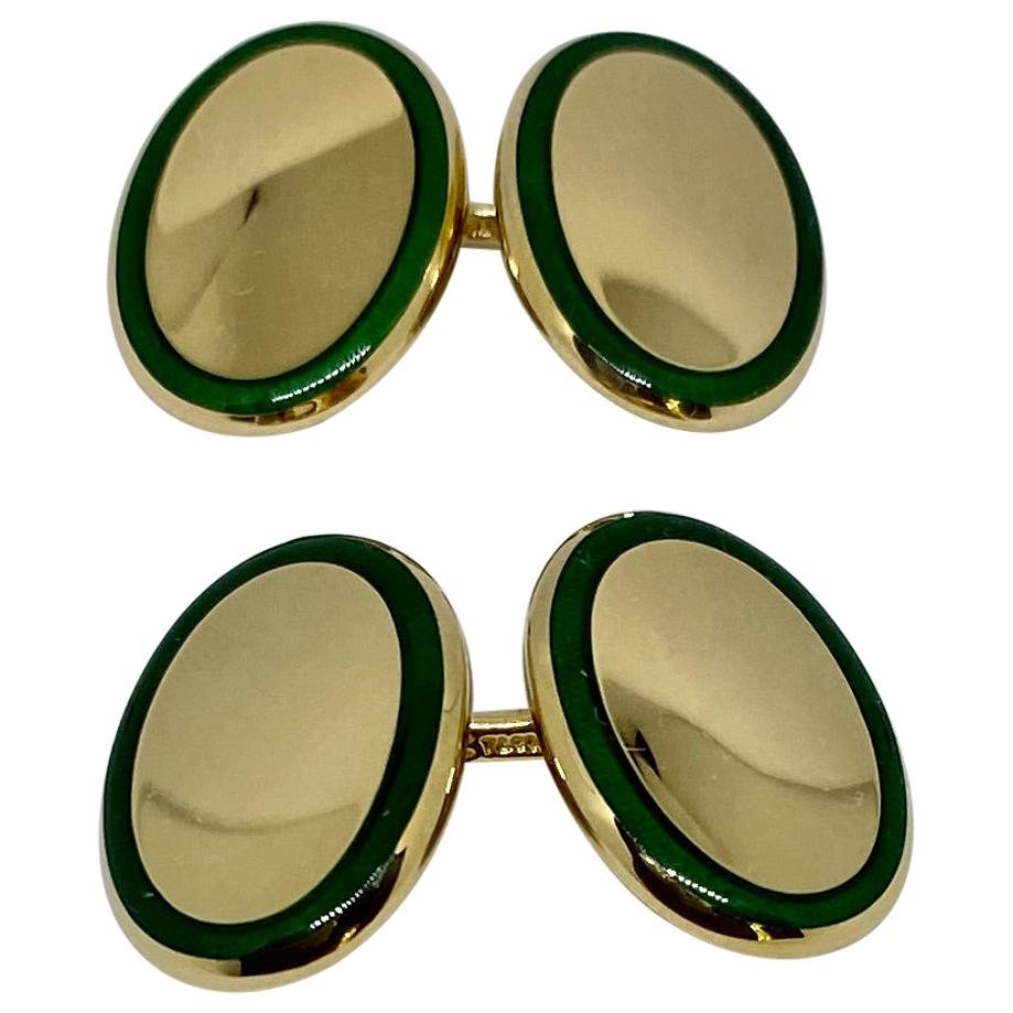 Tiffany Double-Sided Oval Cufflinks in 18K Yellow Gold with Green Enamel