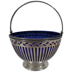 Tiffany Edwardian Georgian Sterling Silver and Cobalt Glass Sugar Basket
