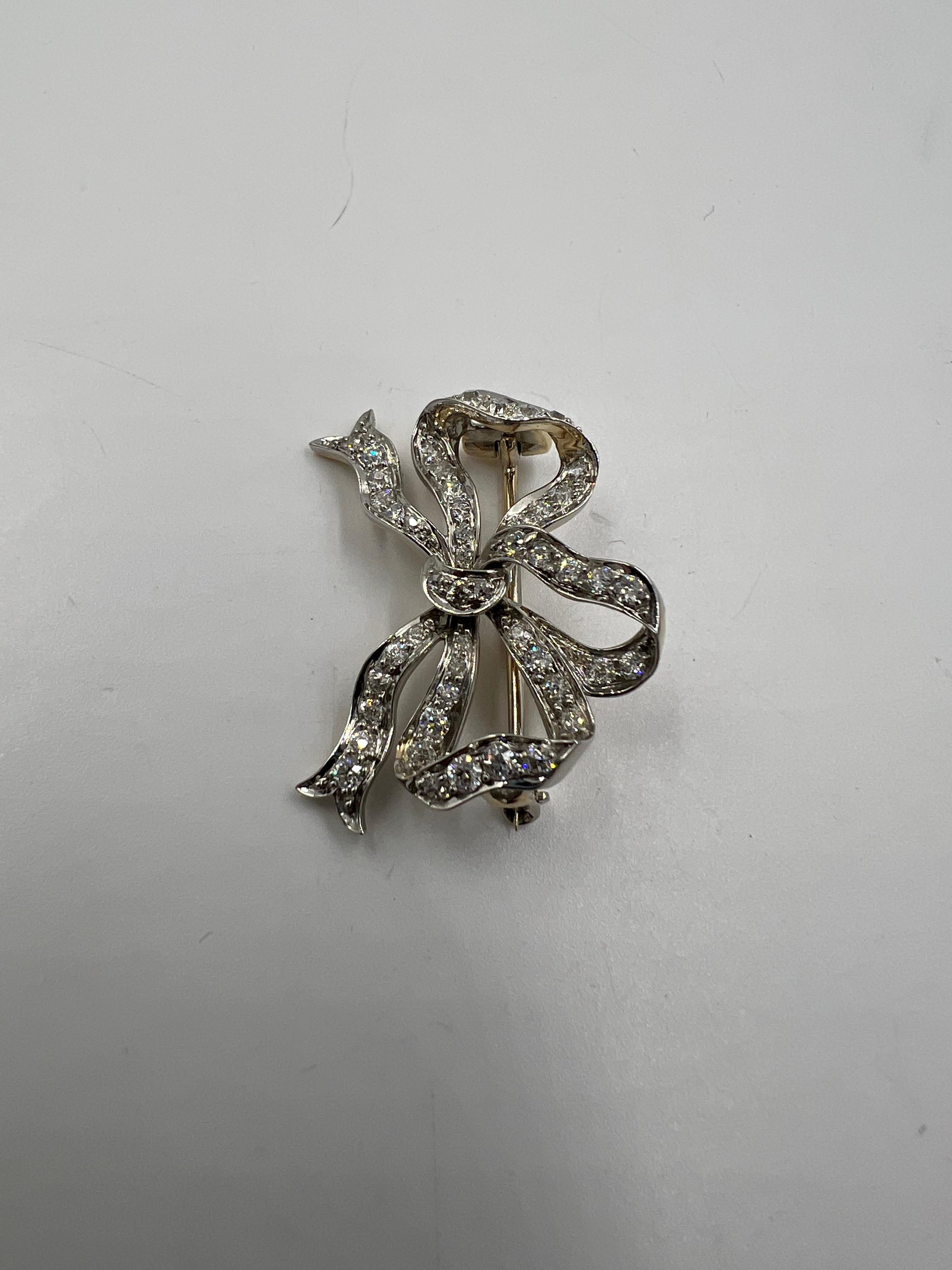 Tiffany Edwardian Old Mine Cut Diamond Platinum 18k Gold Bow Brooch Circa 1910 For Sale 1