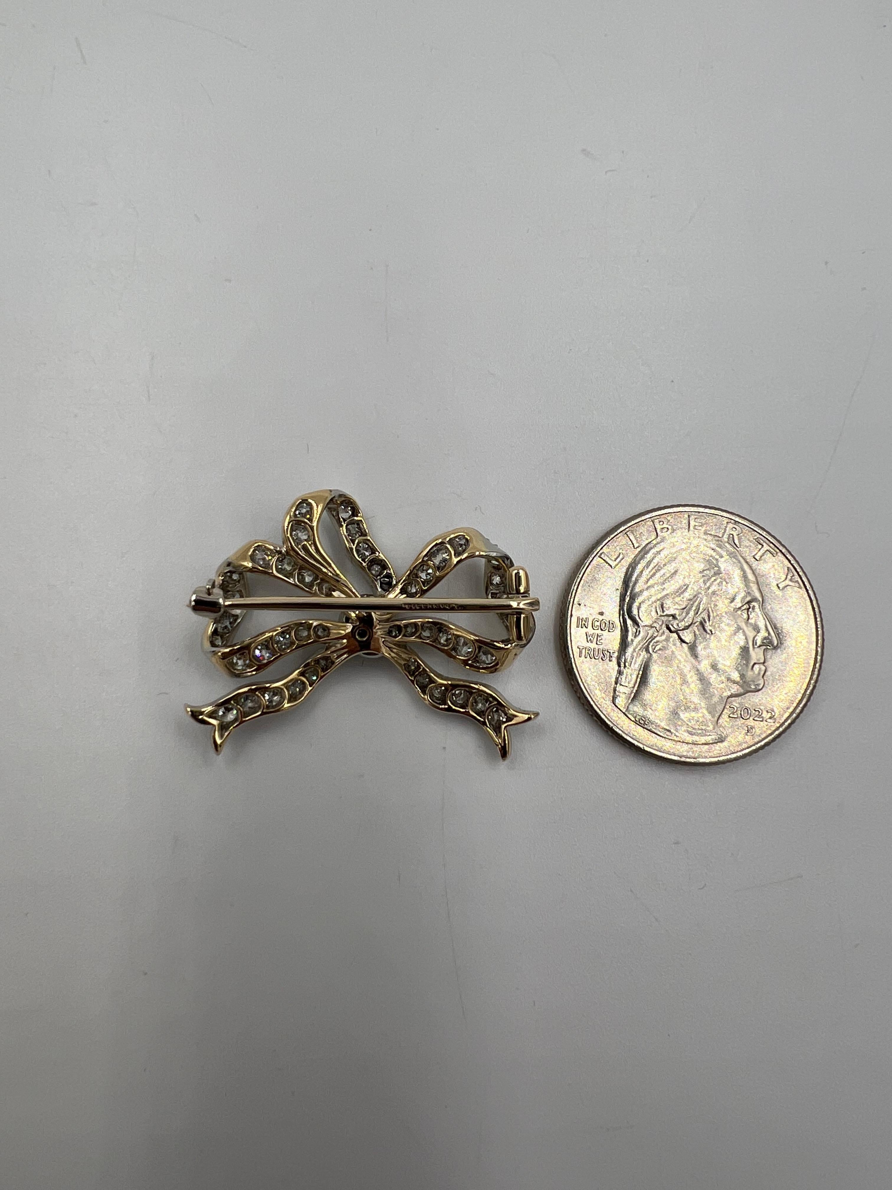 Tiffany Edwardian Old Mine Cut Diamond Platinum 18k Gold Bow Brooch Circa 1910 For Sale 2