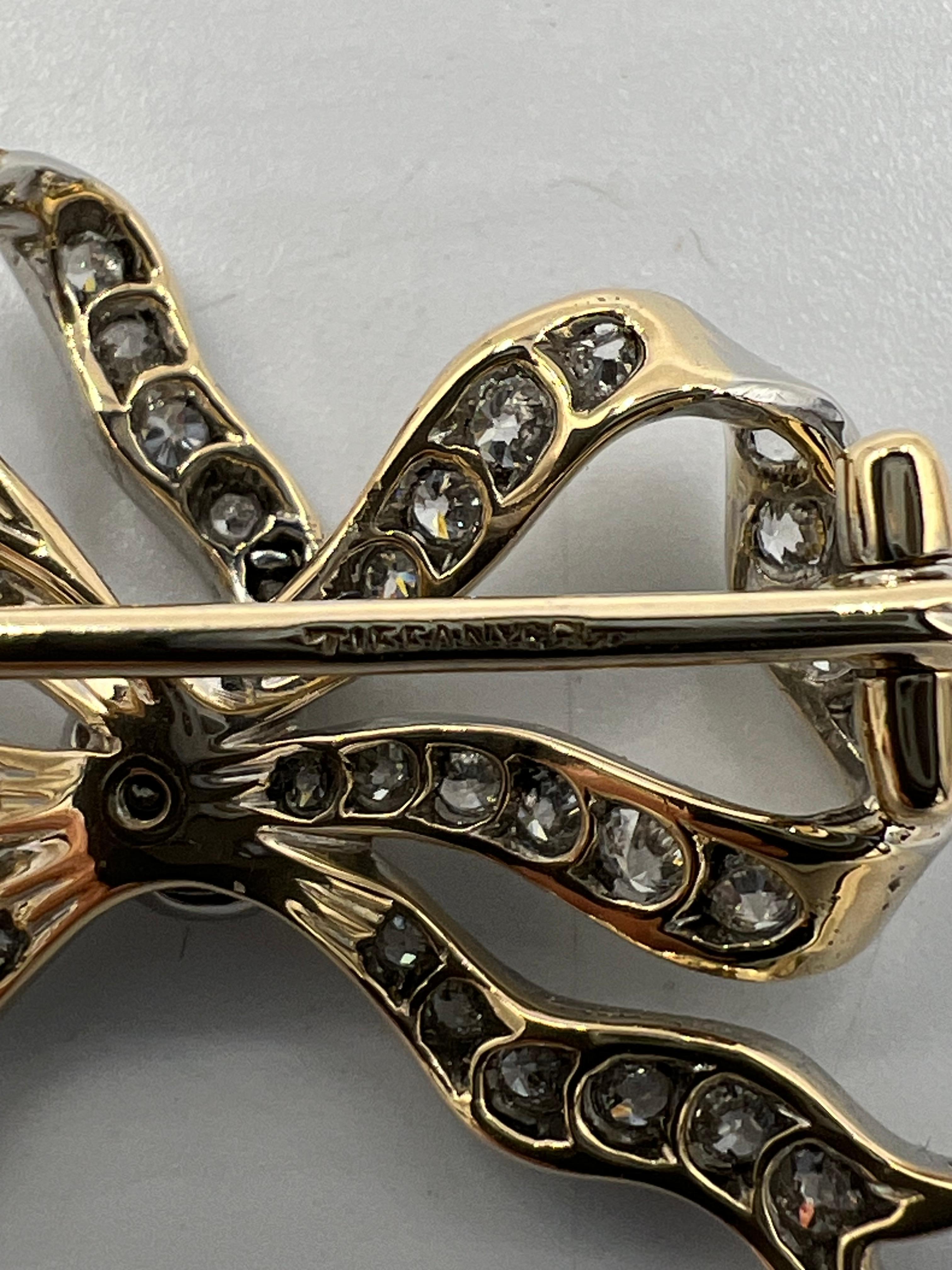 Tiffany Edwardian Old Mine Cut Diamond Platinum 18k Gold Bow Brooch Circa 1910 For Sale 3