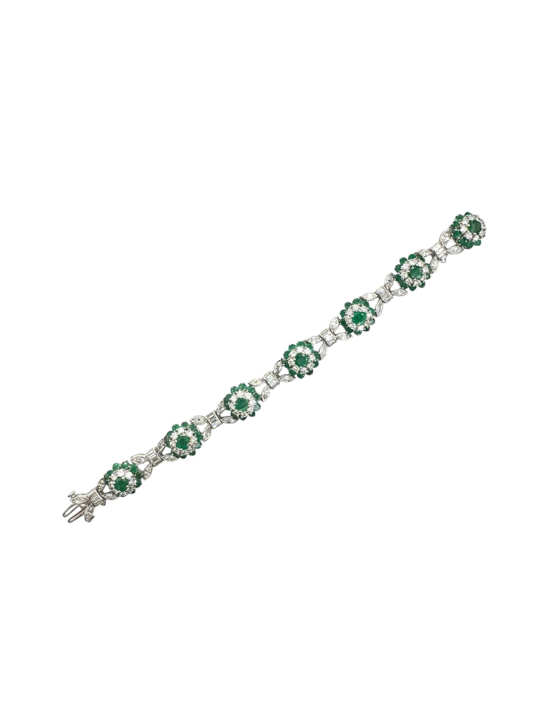 Round Cut Platinum and 18K White Gold Tiffany Emerald and Diamond Bracelet For Sale