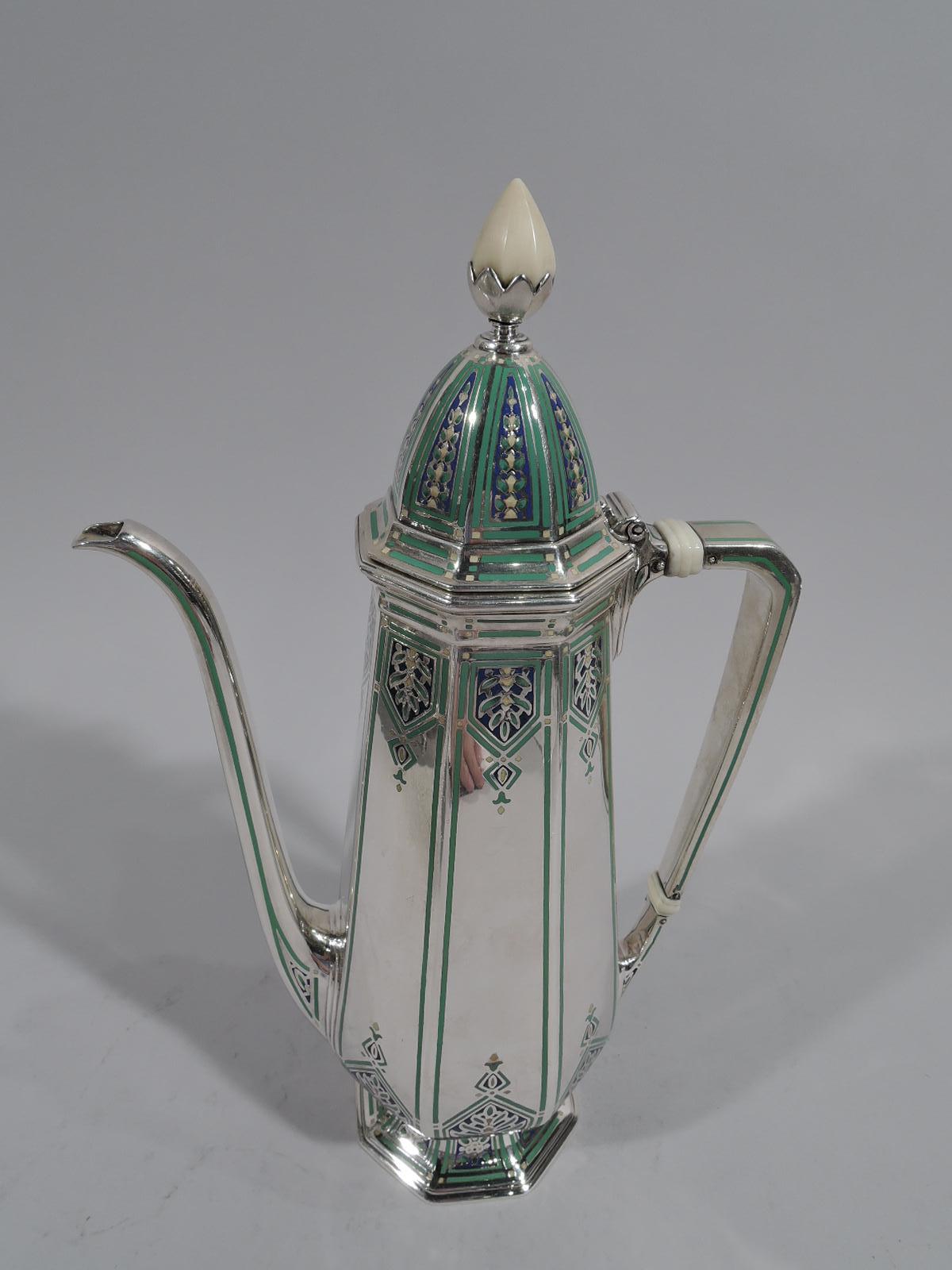 American Tiffany Enamel and Sterling Silver Coffee Set on Tray in Art Deco Style