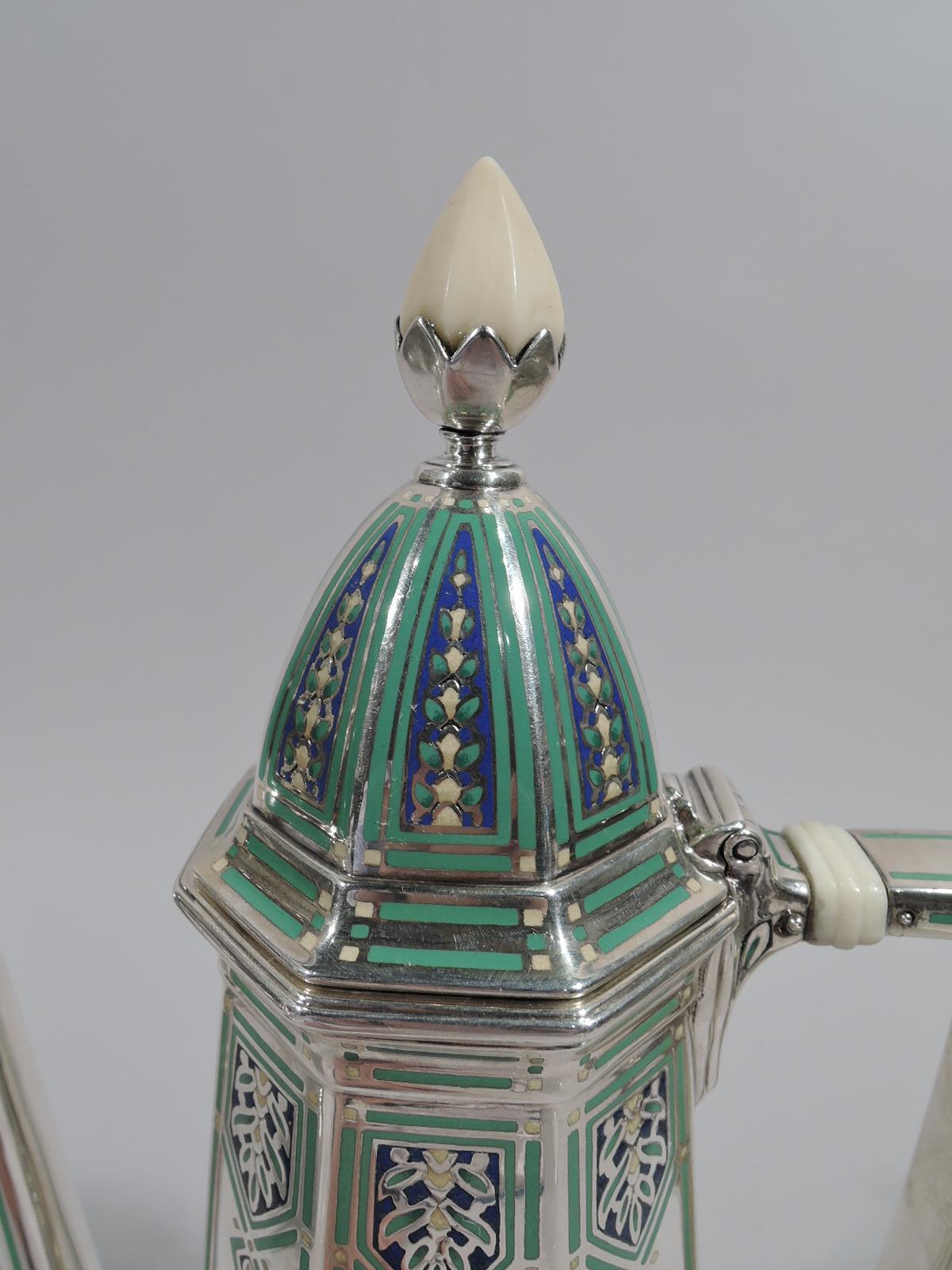 Tiffany Enamel and Sterling Silver Coffee Set on Tray in Art Deco Style In Excellent Condition In New York, NY